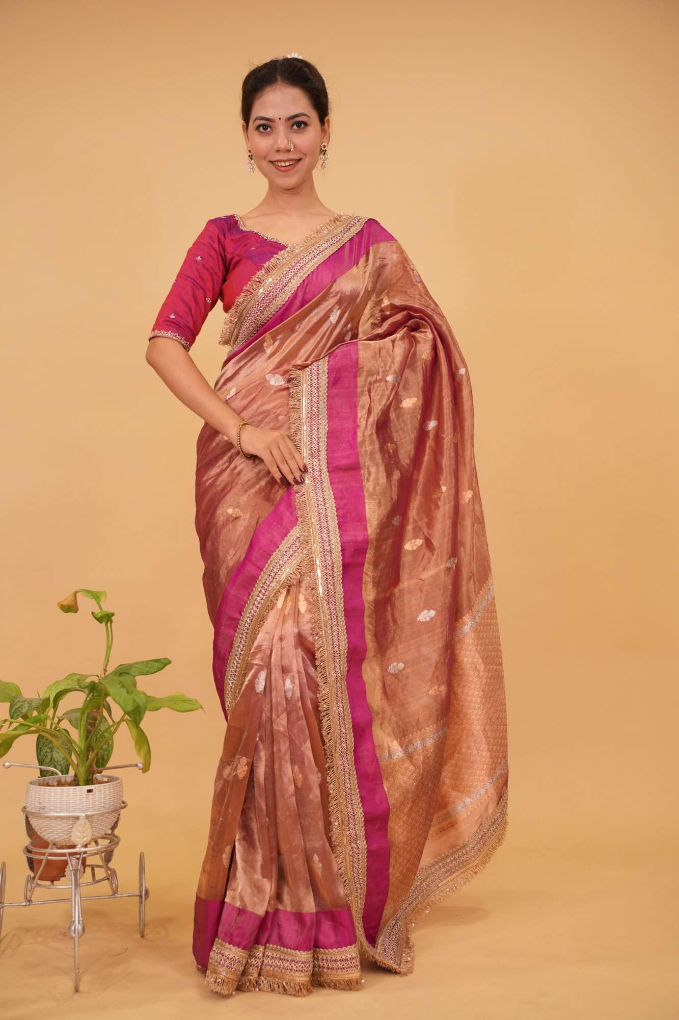 Ready To Wear Trendy Pure Banarasi Tissue Silk Saree in Pink with Fancy Lace Trim and Sona Rupa Floral Buttas | SILK MARK CERTIFIED