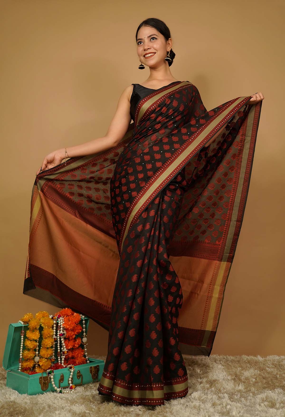 Dark Blue Maslite Banarasi Cotton Saree - UrbanCraf