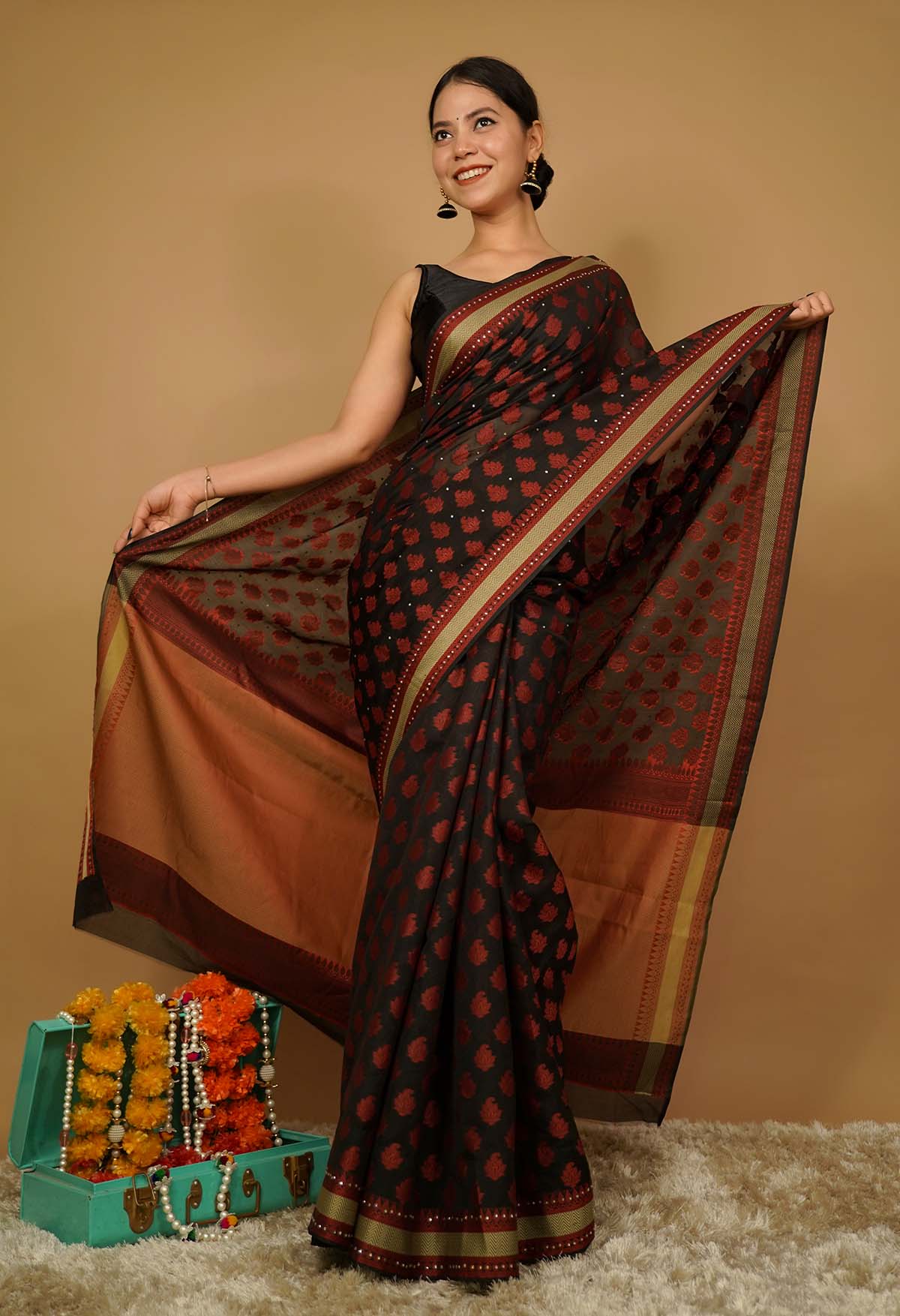 Ready to Wear Banarasi Cotton Silk with Red Booti wrap in 1 minute saree