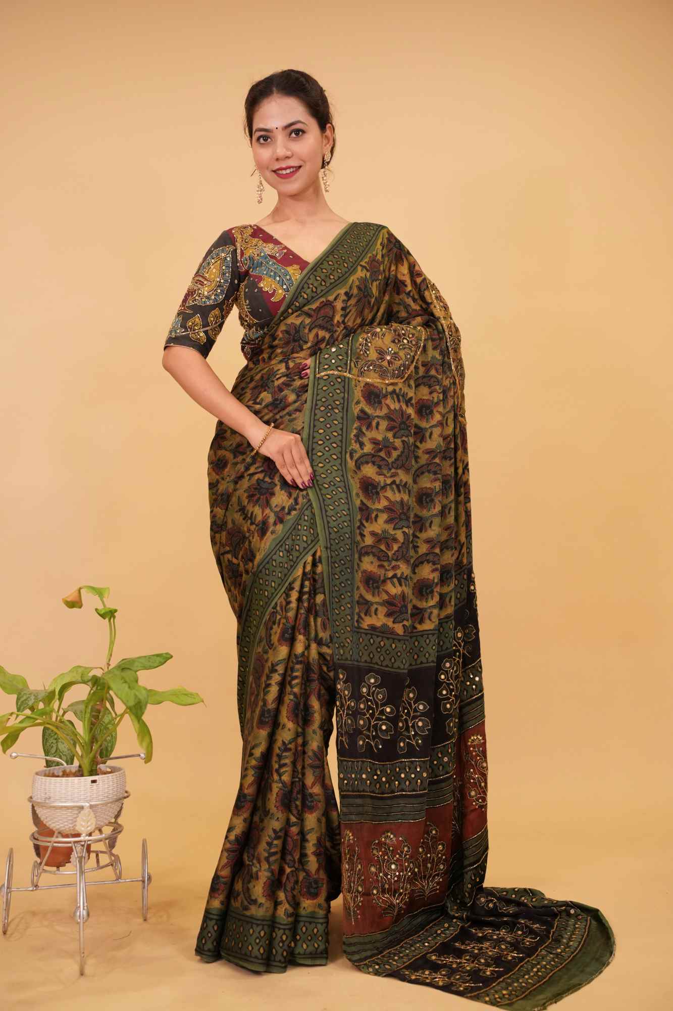 Ready To Wear Saree Modal Silk Saree with Vanaspati Hand Block Print, Floral Pattern, and Cutdana & Sequins Work