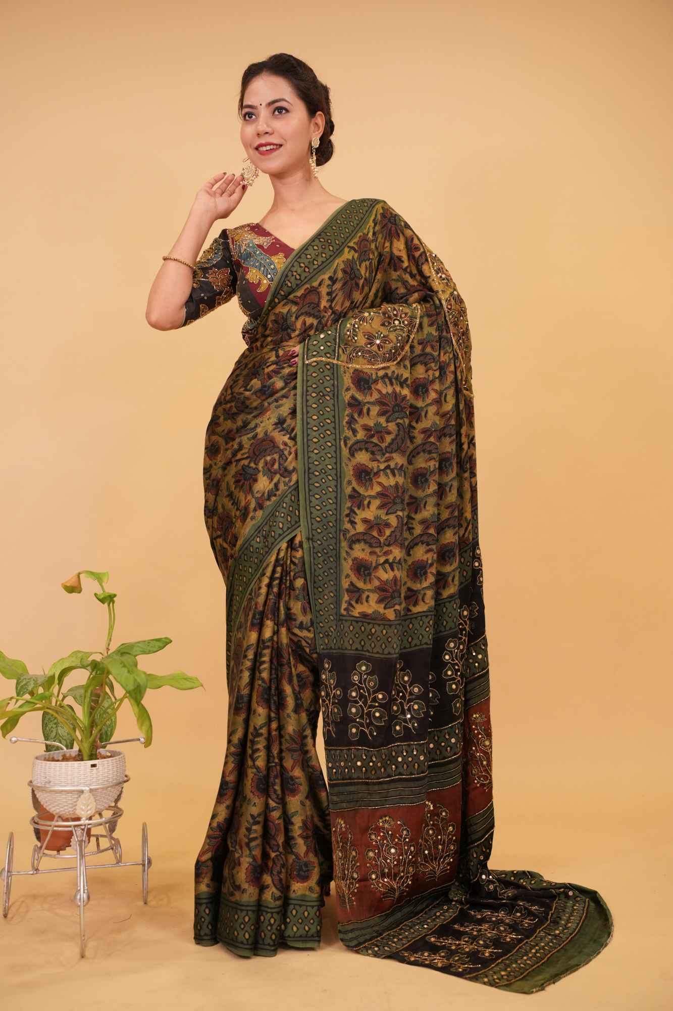 Ready To Wear Saree Modal Silk Saree with Vanaspati Hand Block Print, Floral Pattern, and Cutdana & Sequins Work