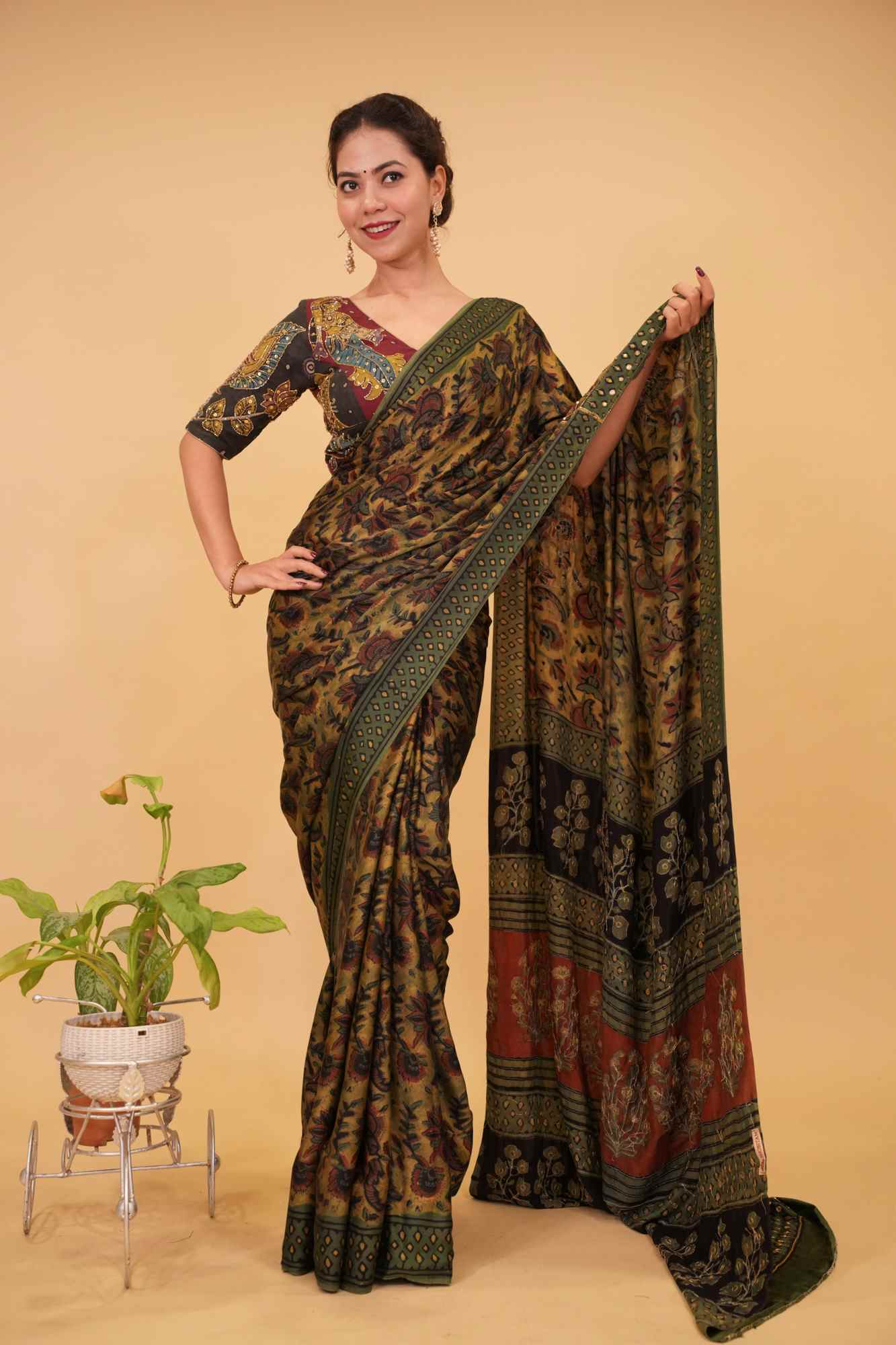 Ready To Wear Saree Modal Silk Saree with Vanaspati Hand Block Print, Floral Pattern, and Cutdana & Sequins Work