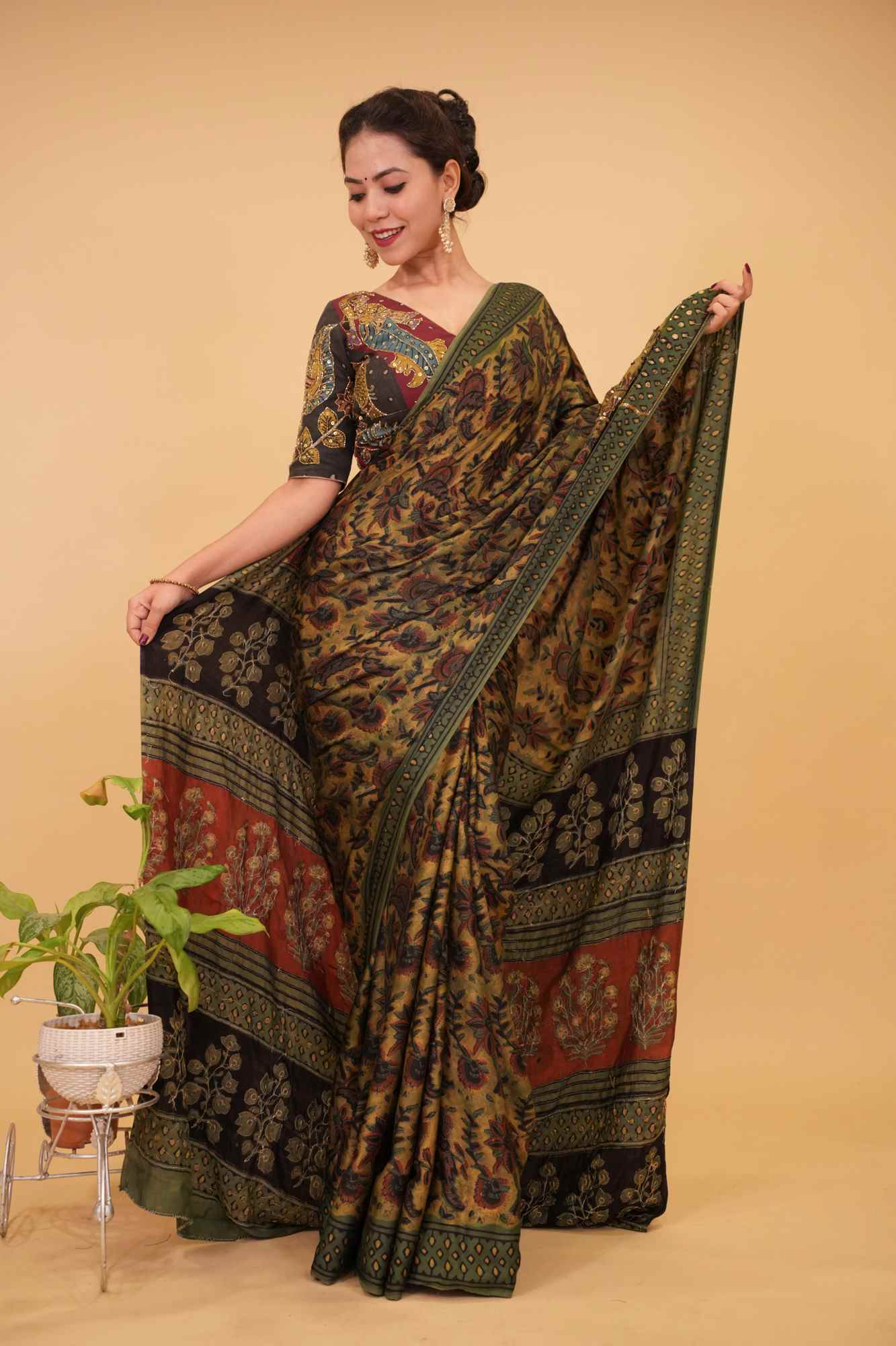 Ready To Wear Saree Modal Silk Saree with Vanaspati Hand Block Print, Floral Pattern, and Cutdana & Sequins Work