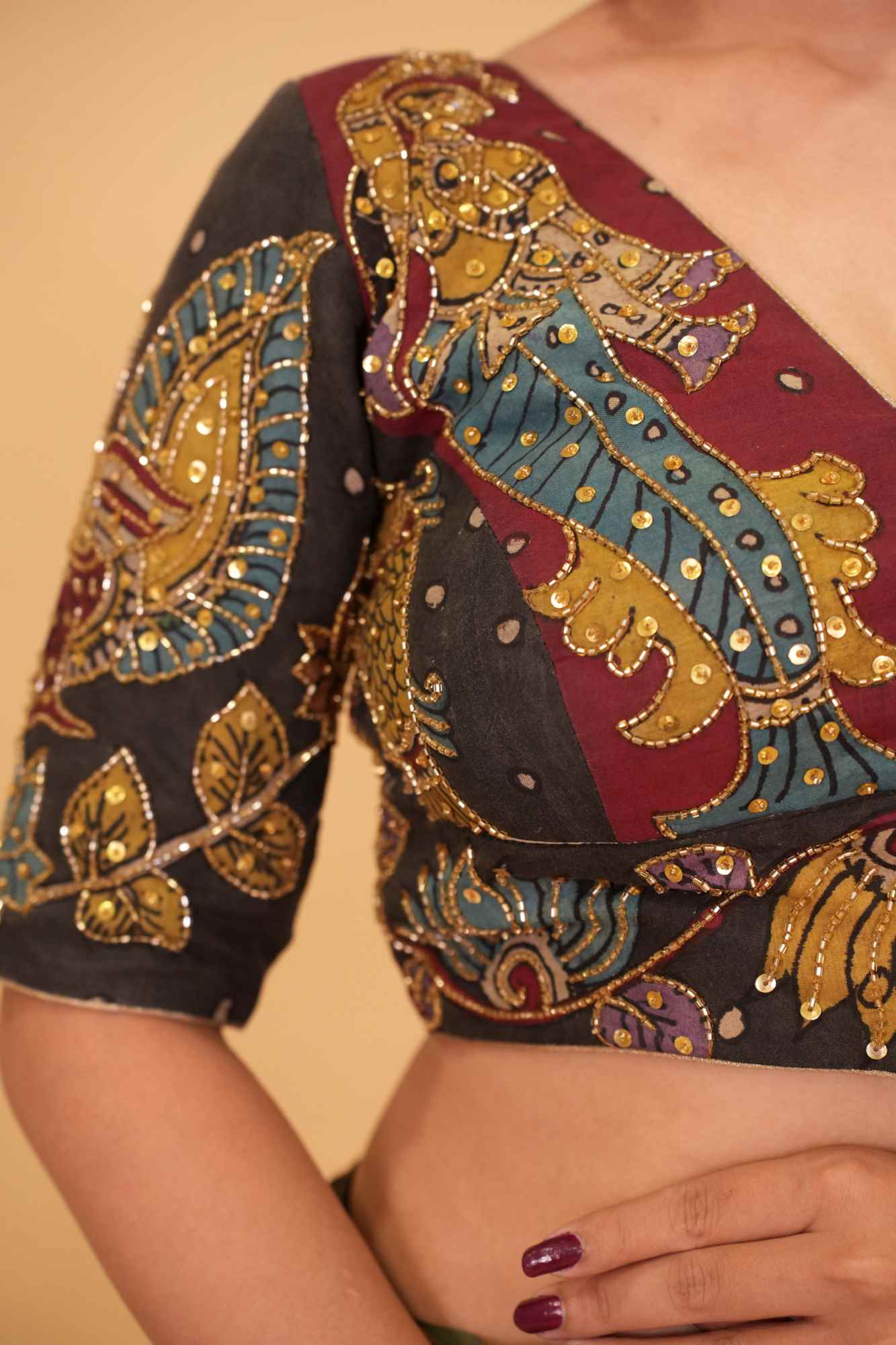 Maroon and Black Handcrafted Kalamkari Embroidery Blouse with Cutdana Work Detailings