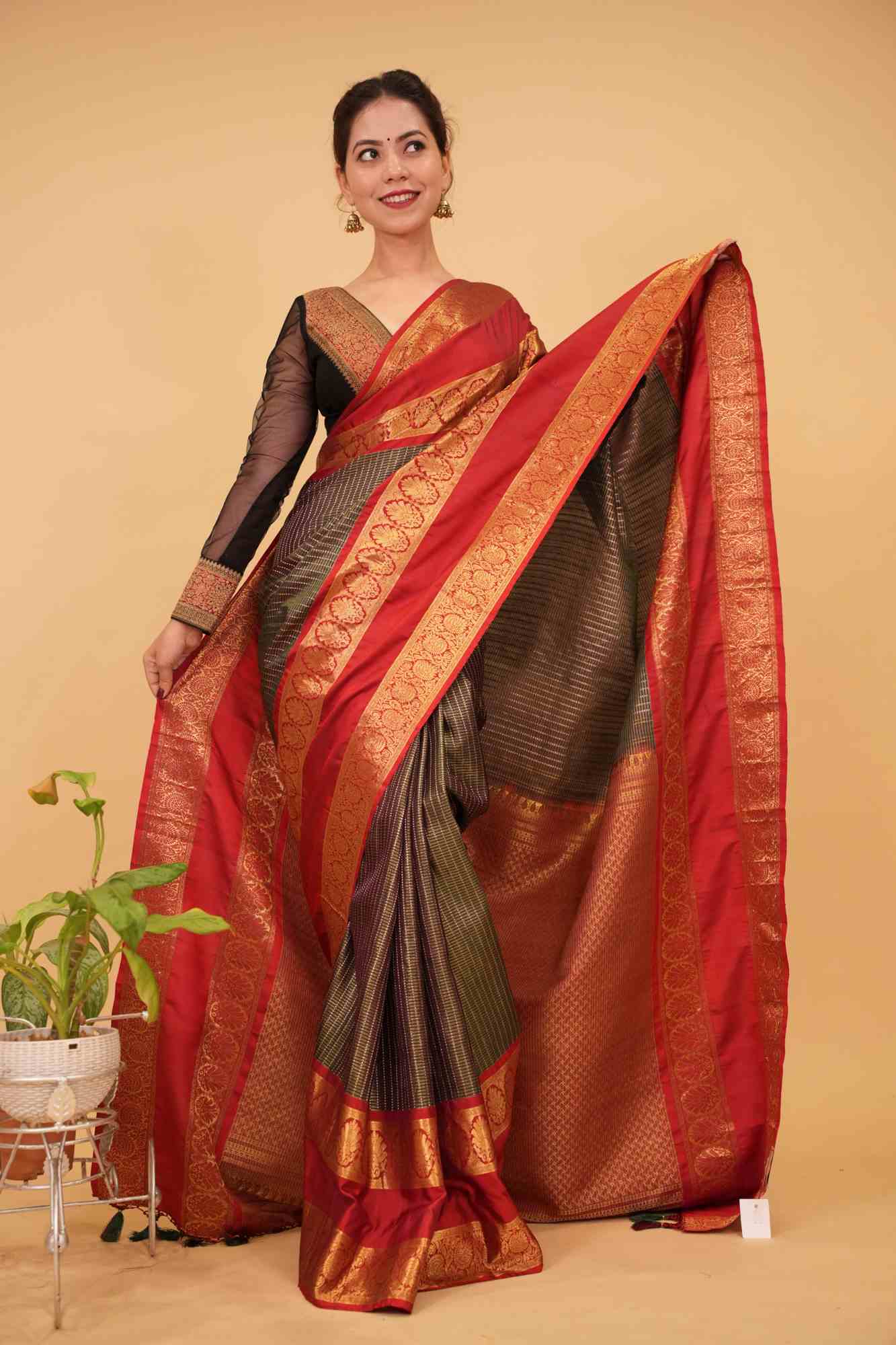 Ready To Wear Saree Exquisite Green Kanjivaram Pure Silk Saree with zari checks and spectacular borders | SILK MARK CERTIFIED