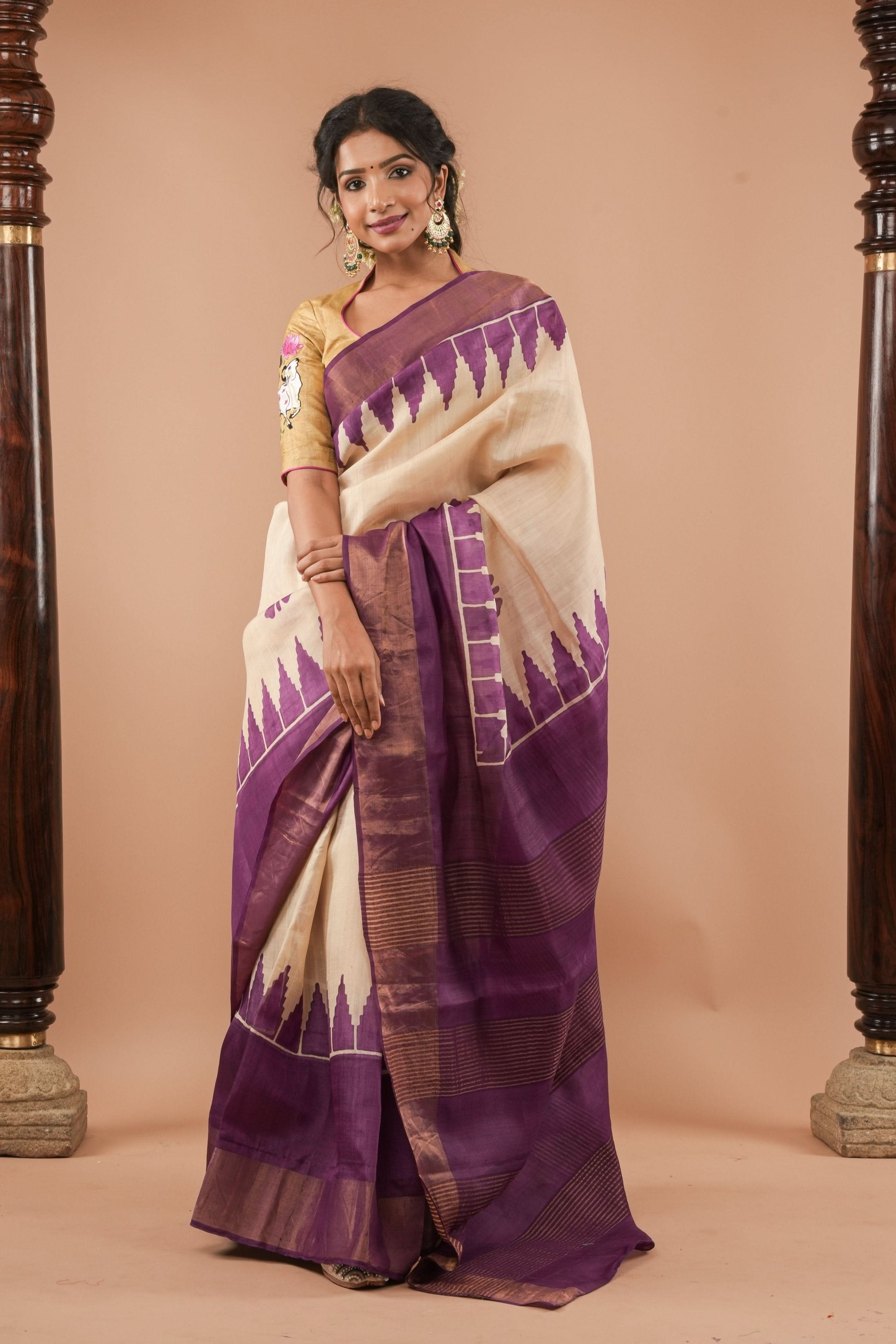 Beige Jari Tussar Silk Saree with Floral and Temple print and Purple Zari Border | SILK MARK CERTIFIED | Shobitam