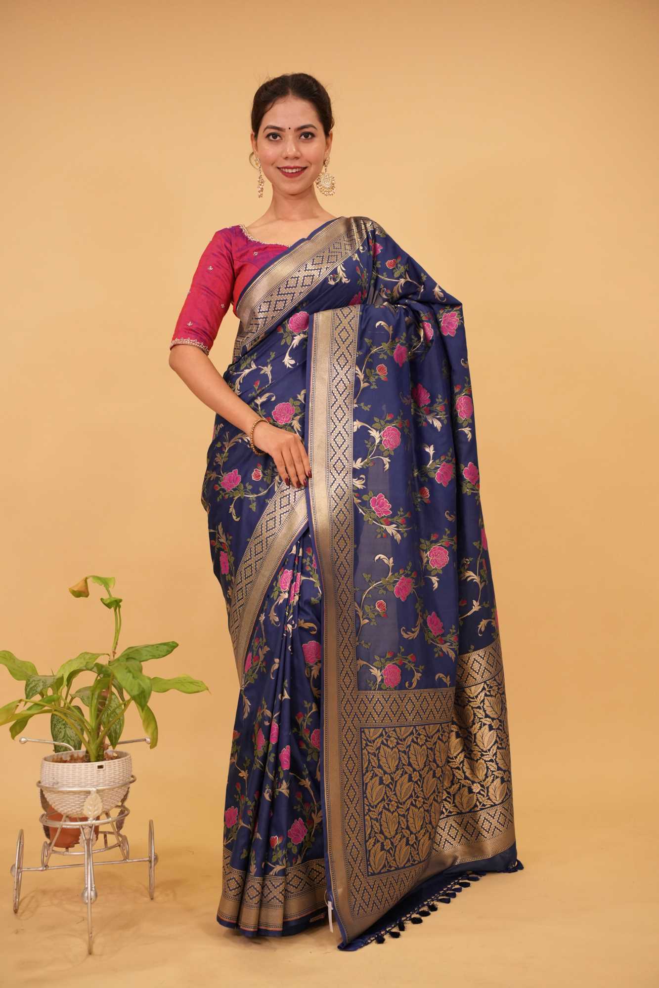 Ready To Wear Space Cadet tone Exquisite Meenakari Rose Jaal Semi Silk Saree and zari border