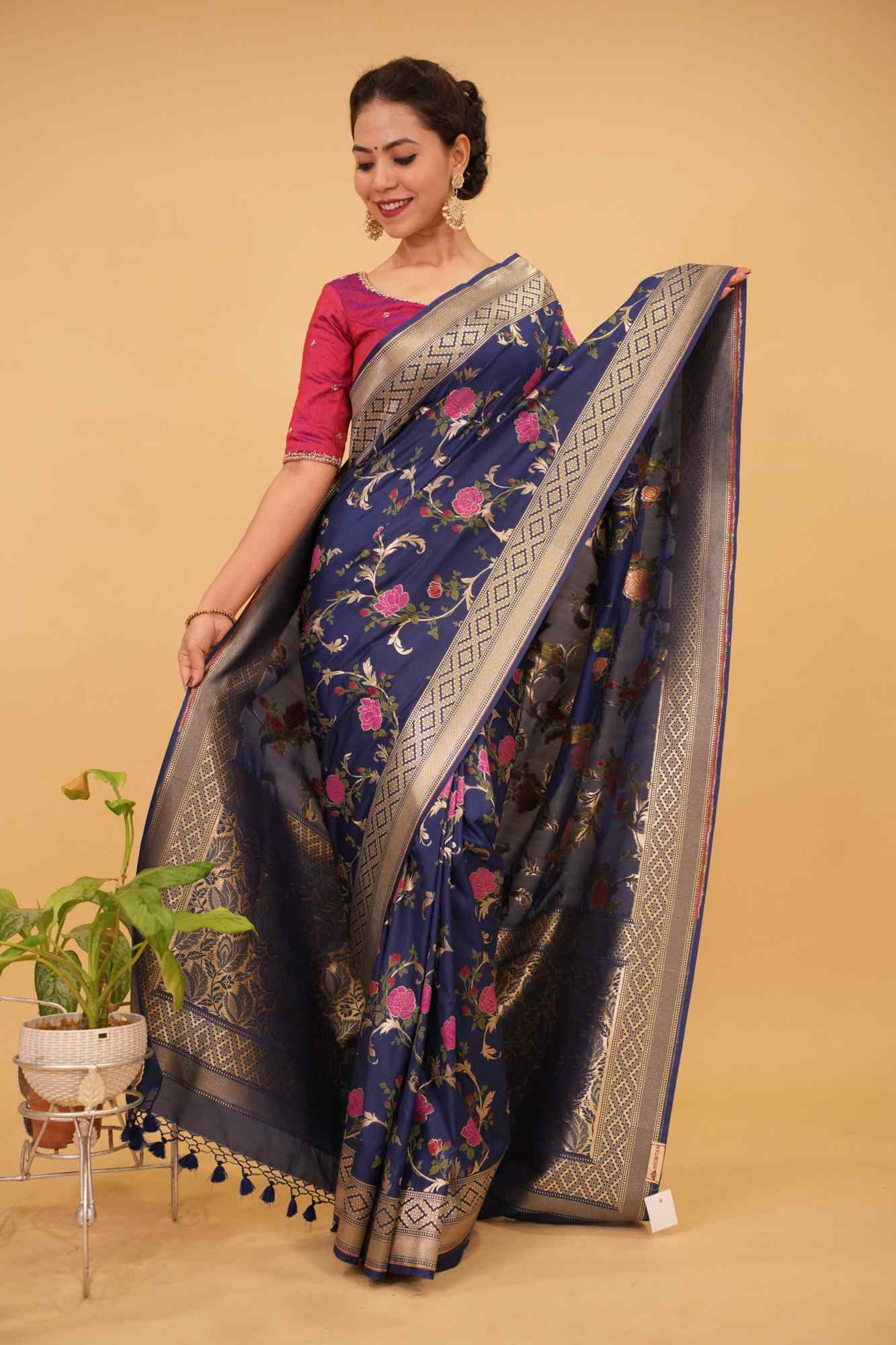 Ready To Wear Space Cadet tone Exquisite Meenakari Rose Jaal Semi Silk Saree and zari border