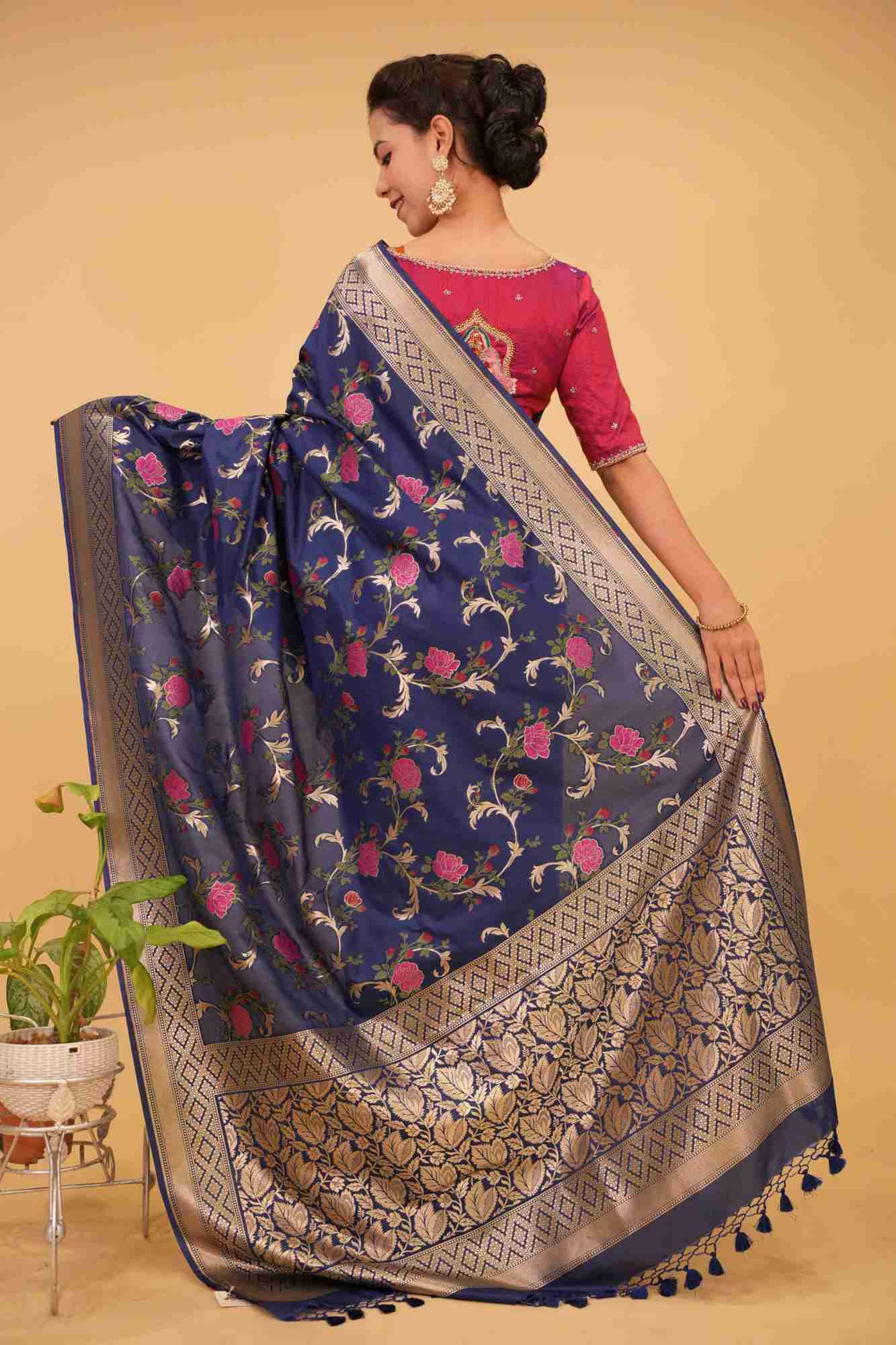 Ready To Wear Space Cadet tone Exquisite Meenakari Rose Jaal Semi Silk Saree and zari border