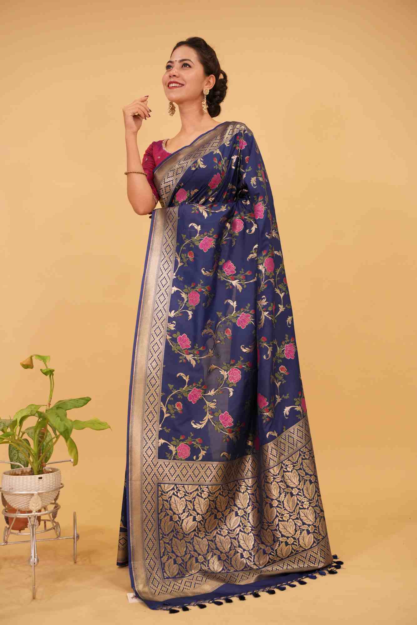 Ready To Wear Space Cadet tone Exquisite Meenakari Rose Jaal Semi Silk Saree and zari border