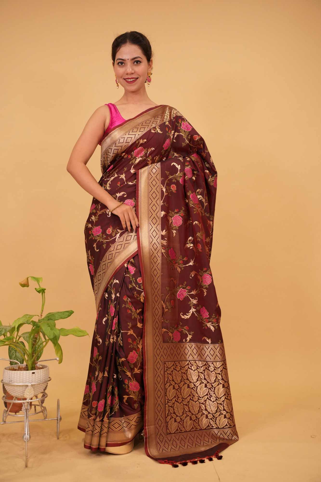 Pre Drape Rose Splendor: Brown Exquisite Meenakari Rose Jaal Semi-Silk Saree with Zari Border