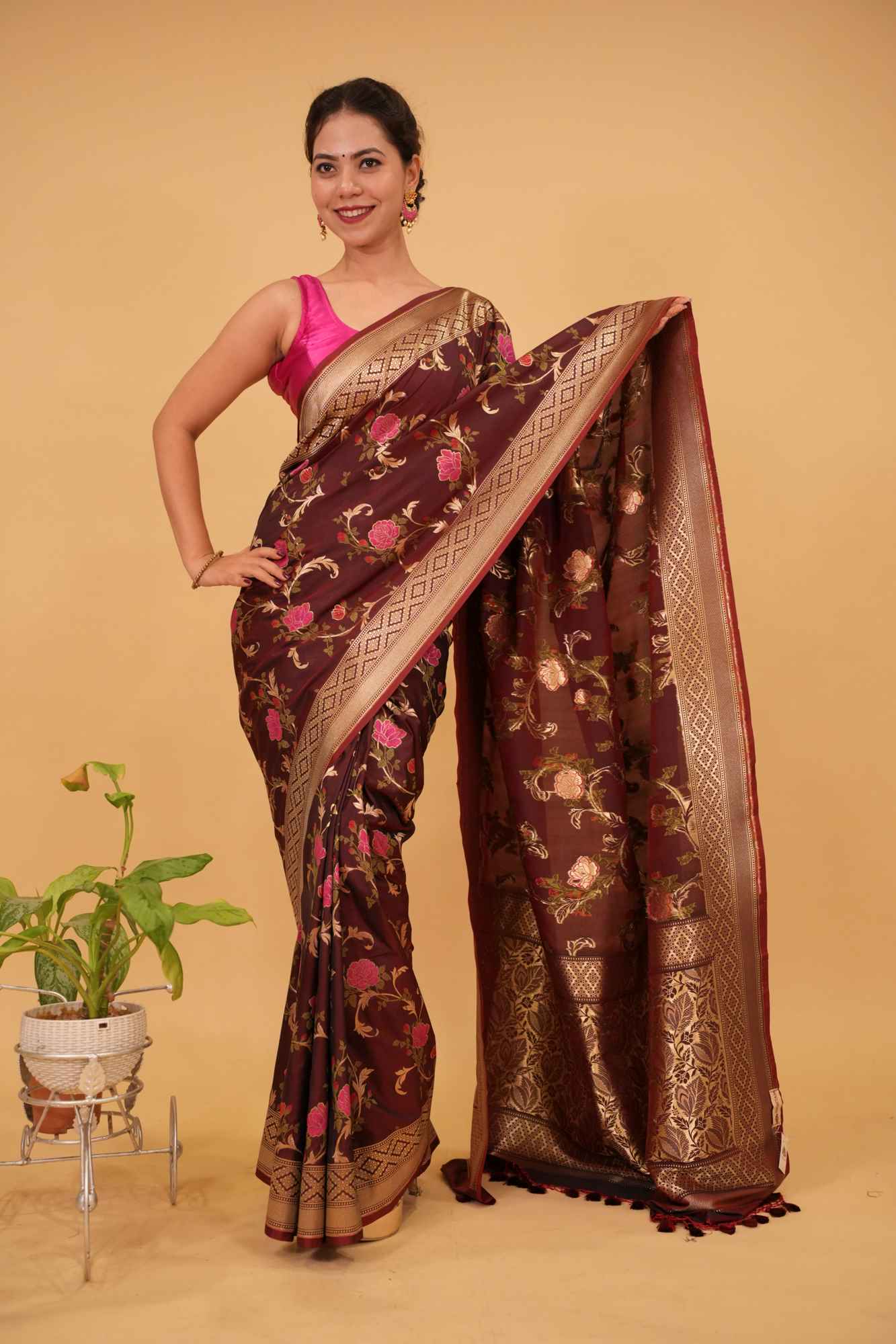 Pre Drape Rose Splendor: Brown Exquisite Meenakari Rose Jaal Semi-Silk Saree with Zari Border