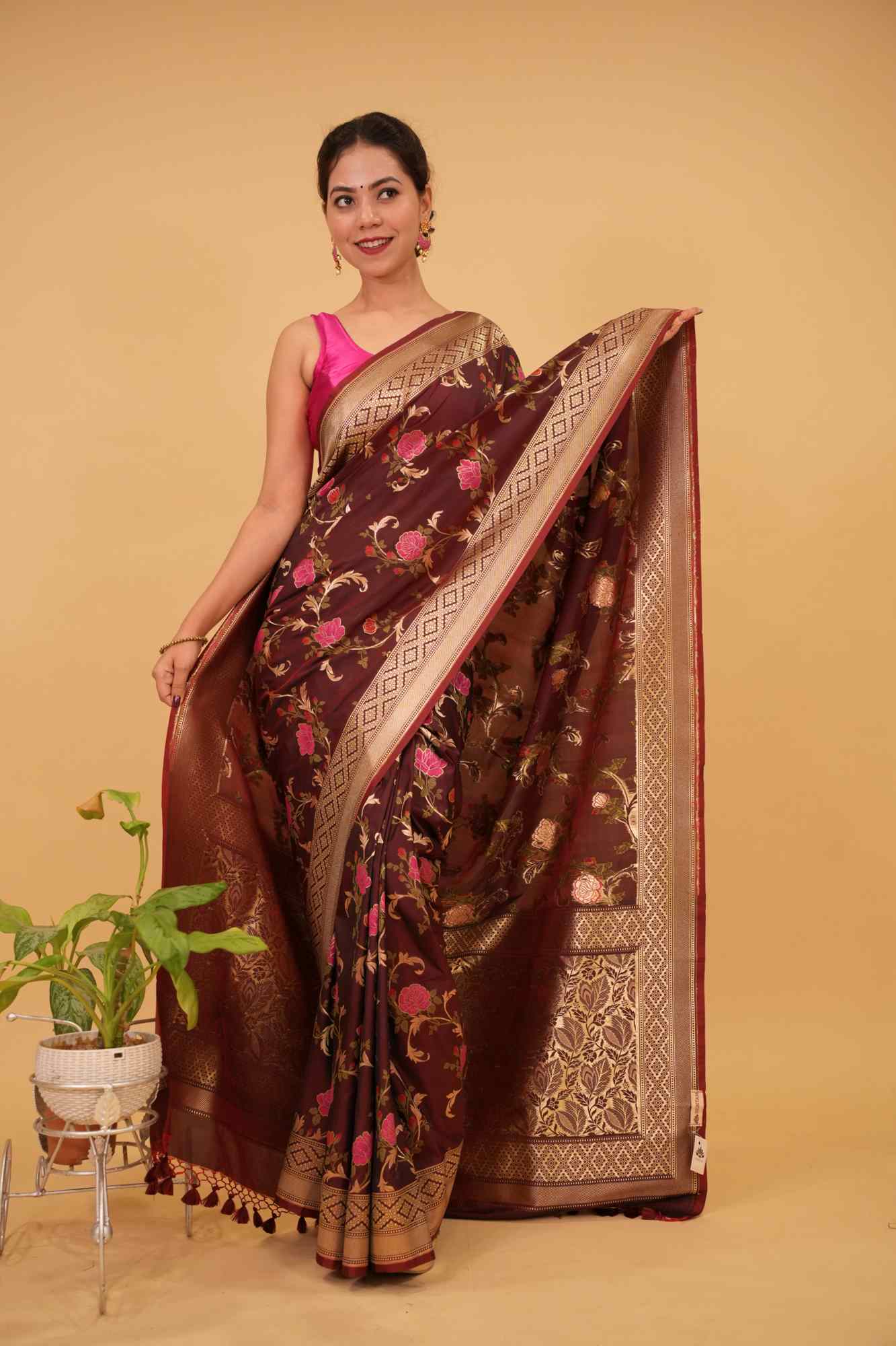 Pre Drape Rose Splendor: Brown Exquisite Meenakari Rose Jaal Semi-Silk Saree with Zari Border