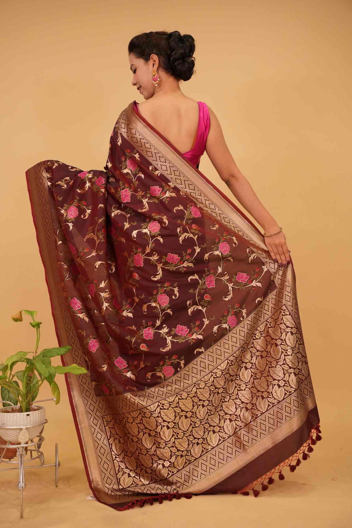 Pre Drape Rose Splendor: Brown Exquisite Meenakari Rose Jaal Semi-Silk Saree with Zari Border