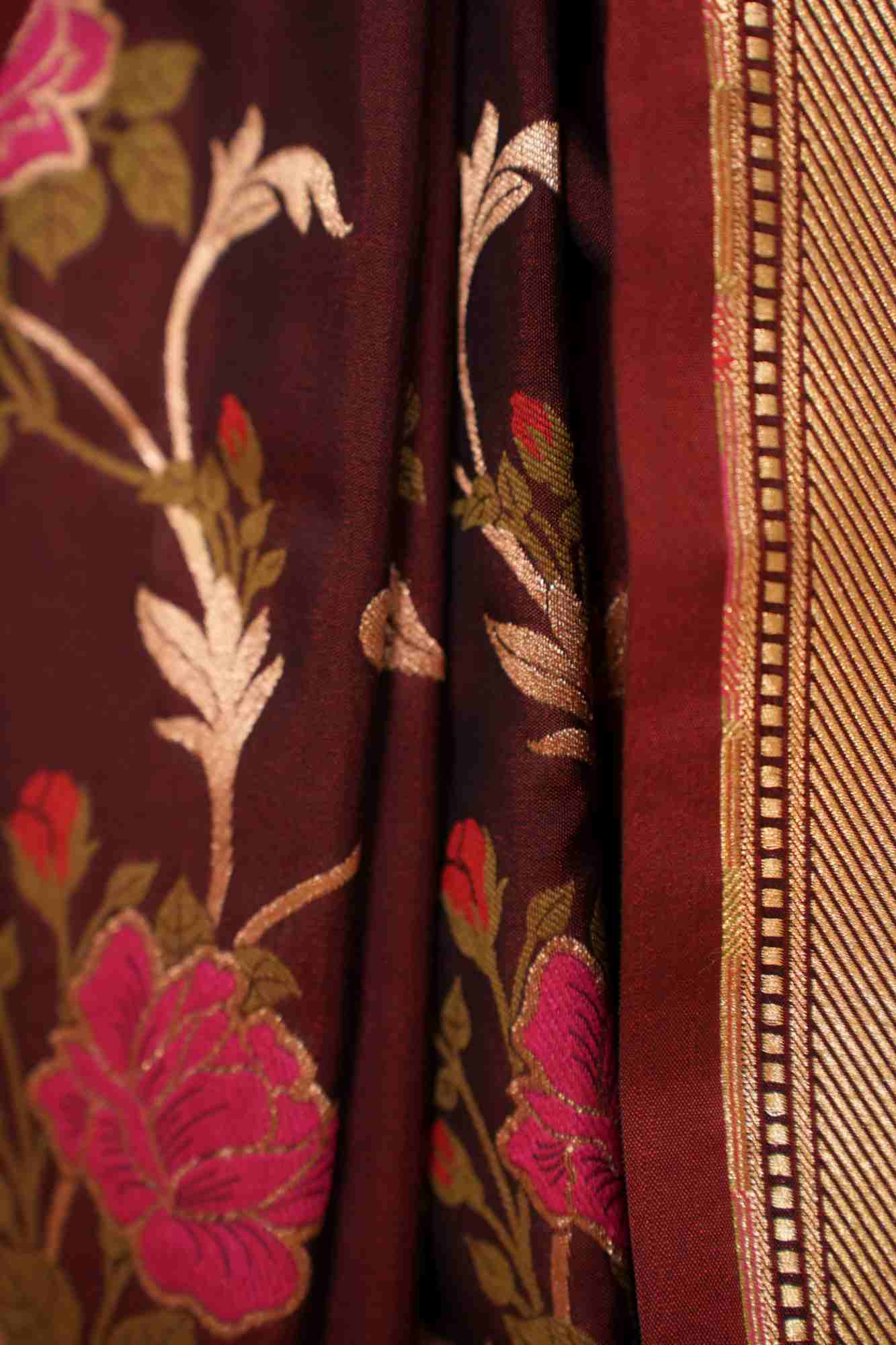 Pre Drape Rose Splendor: Brown Exquisite Meenakari Rose Jaal Semi-Silk Saree with Zari Border