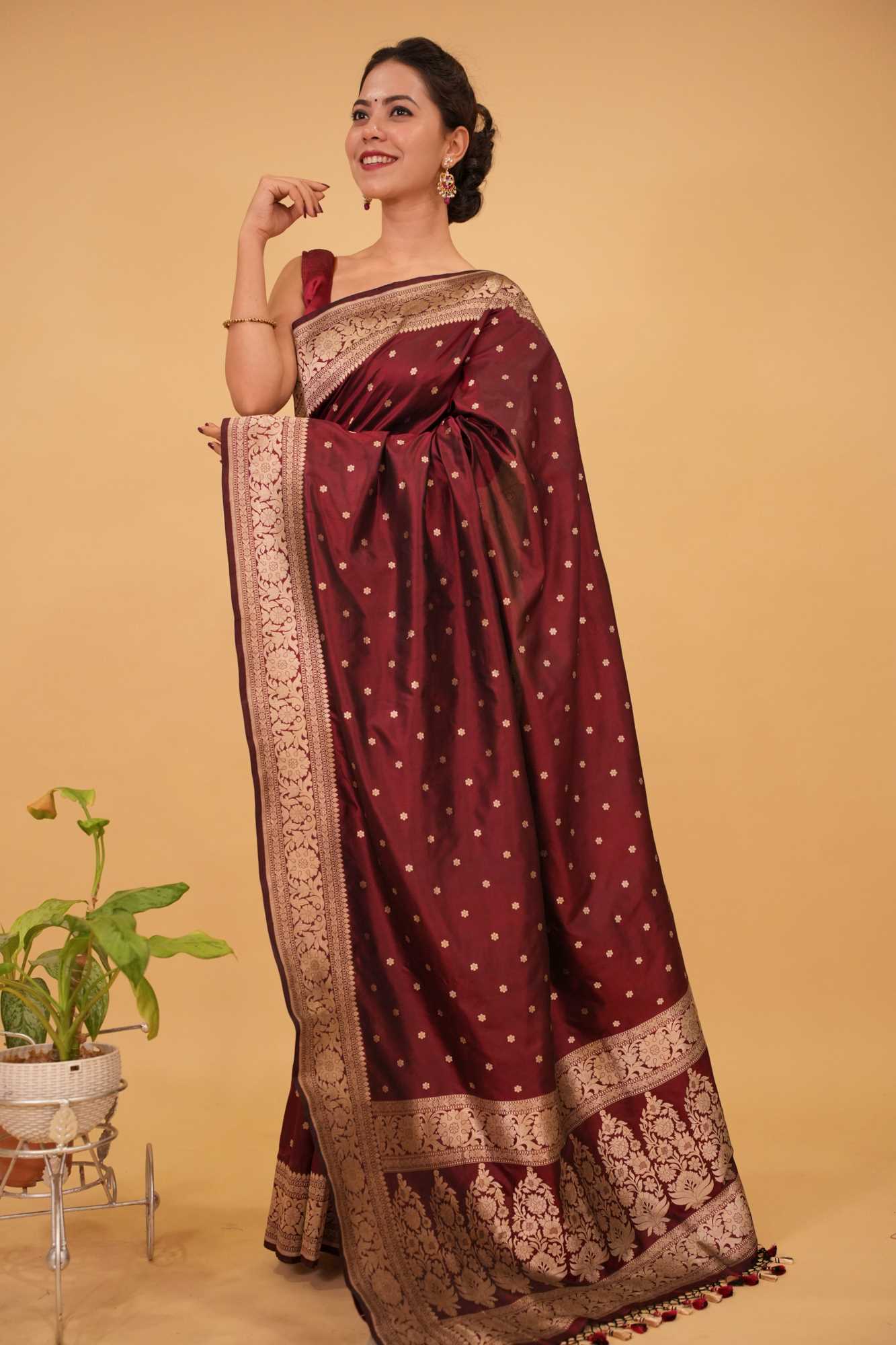 Pre Drape Exquisite Celebrity Banarasi Katan Silk Stitchd Saree in Garnet with Chunri Buttis and resplendant pallu | SILK MARK CERTIFIED