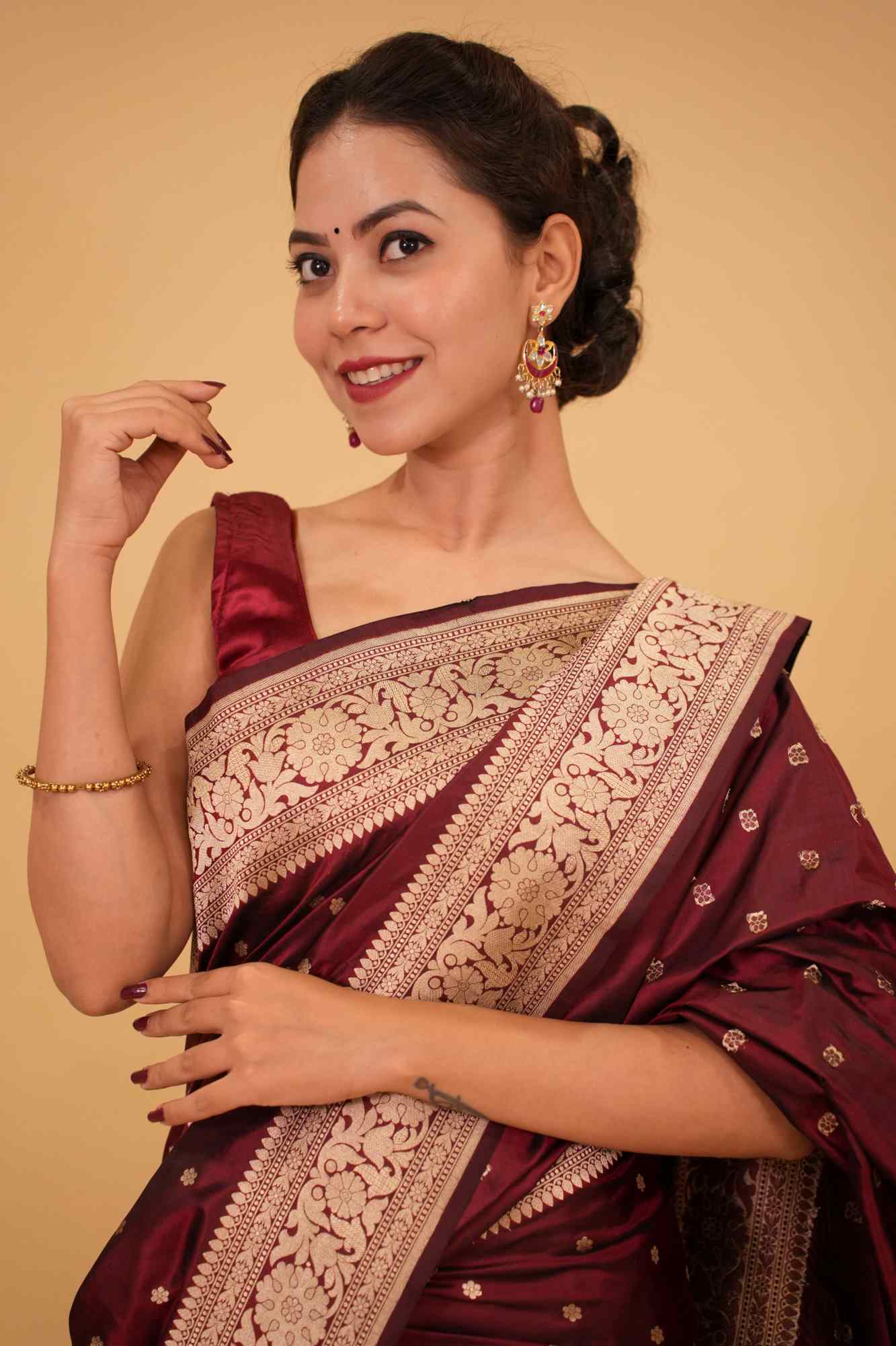 Pre Drape Exquisite Celebrity Banarasi Katan Silk Stitchd Saree in Garnet with Chunri Buttis and resplendant pallu | SILK MARK CERTIFIED