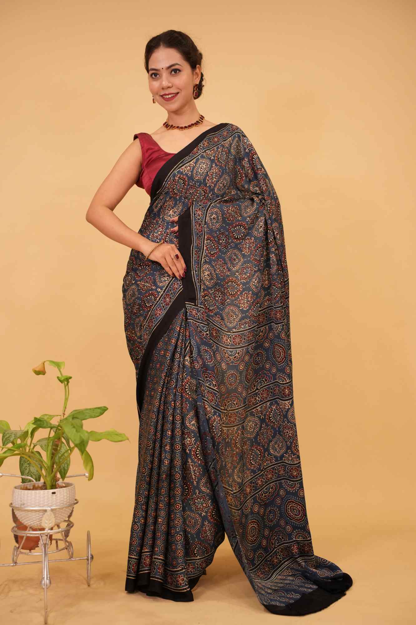 Tealish Blue Ajrakh Hand Block Print on Modal Silk Saree  Ready to wear saree