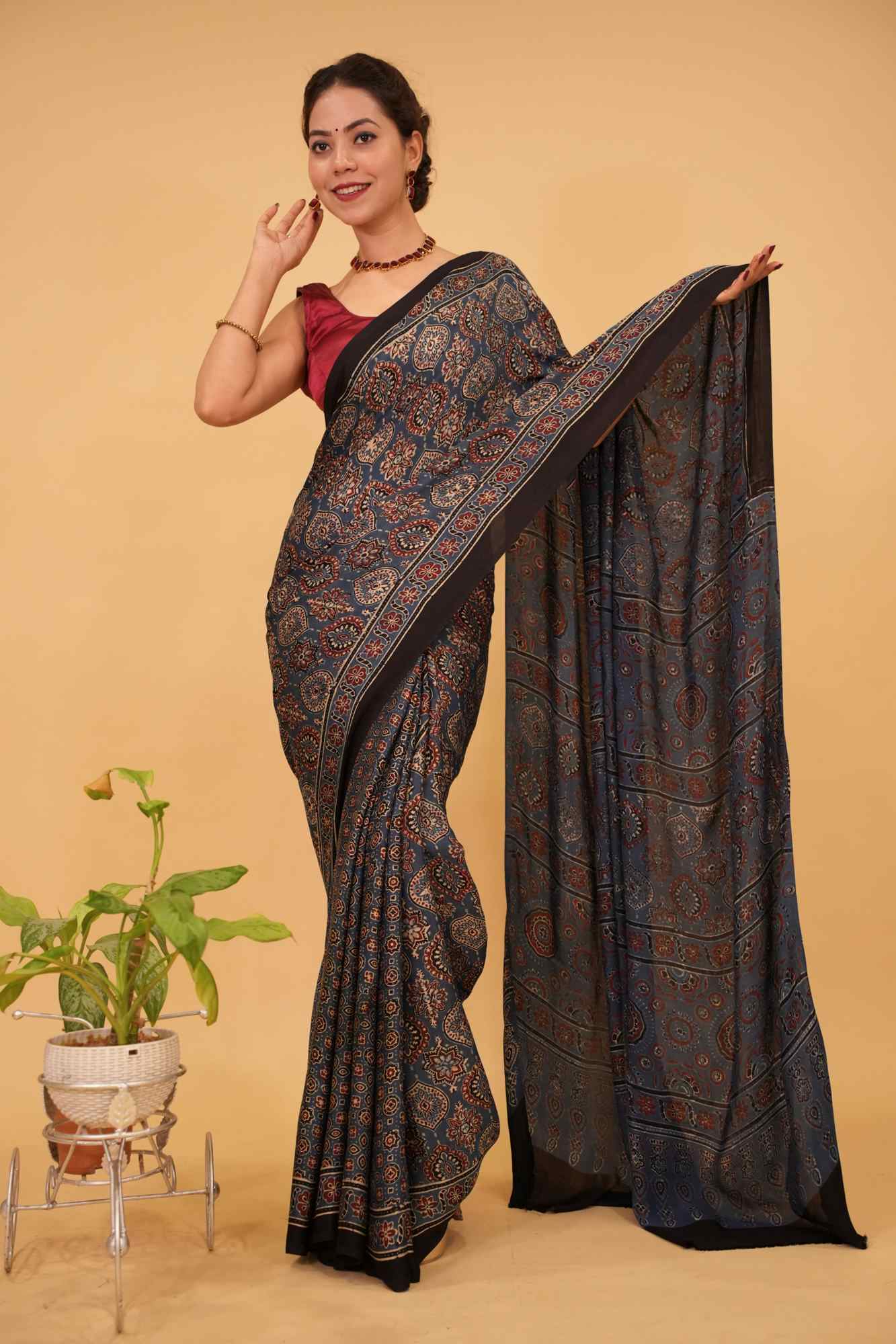 Tealish Blue Ajrakh Hand Block Print on Modal Silk Saree  Ready to wear saree