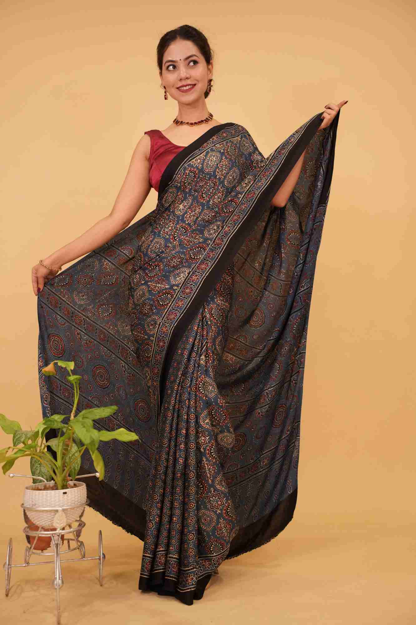 Tealish Blue Ajrakh Hand Block Print on Modal Silk Saree  Ready to wear saree