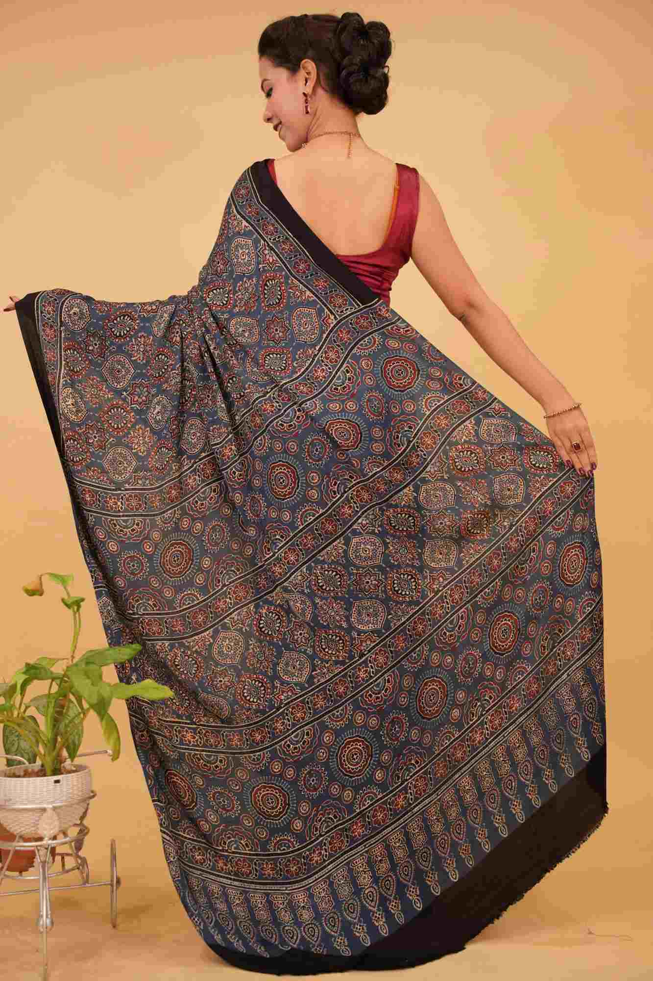 Tealish Blue Ajrakh Hand Block Print on Modal Silk Saree  Ready to wear saree