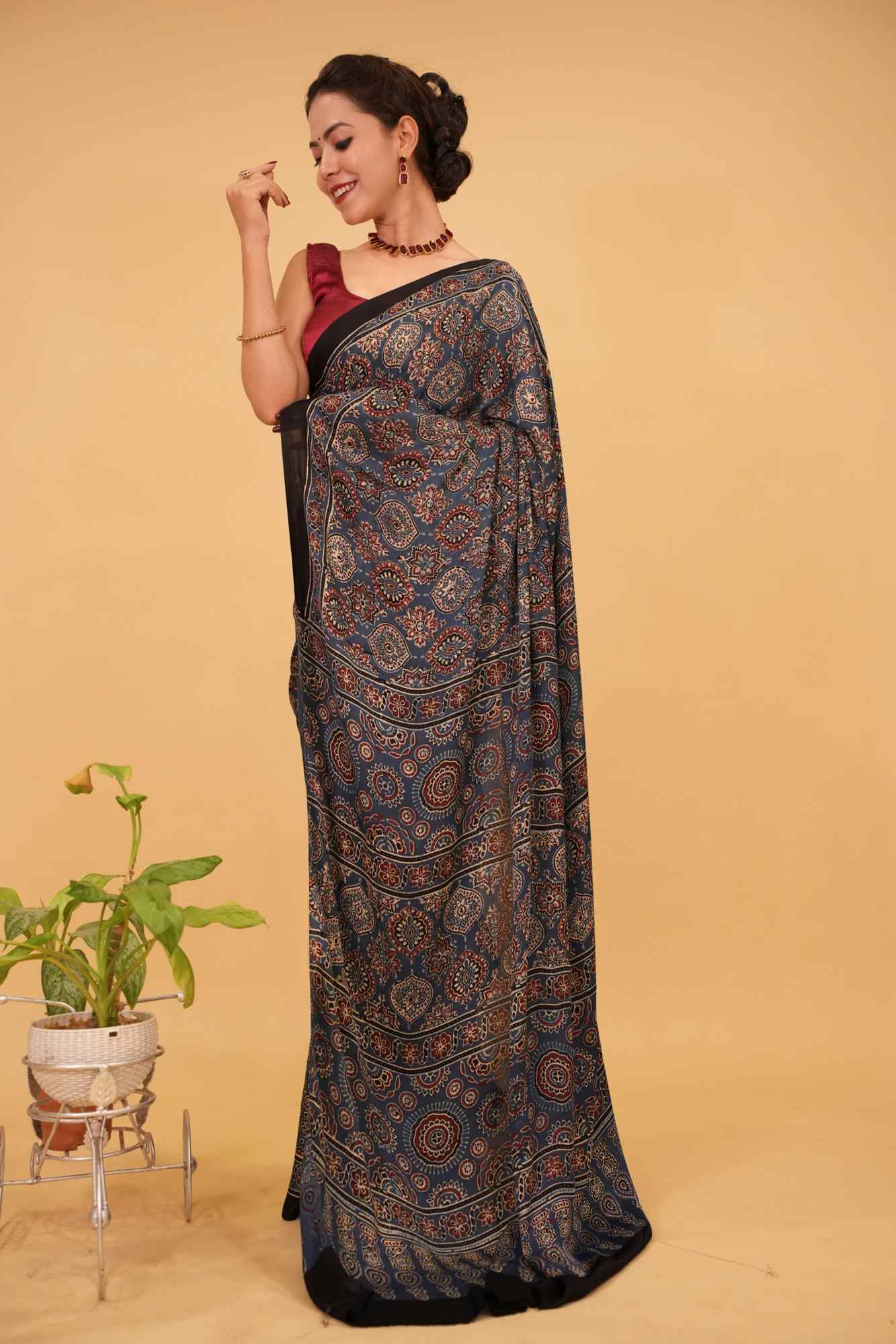 Tealish Blue Ajrakh Hand Block Print on Modal Silk Saree  Ready to wear saree