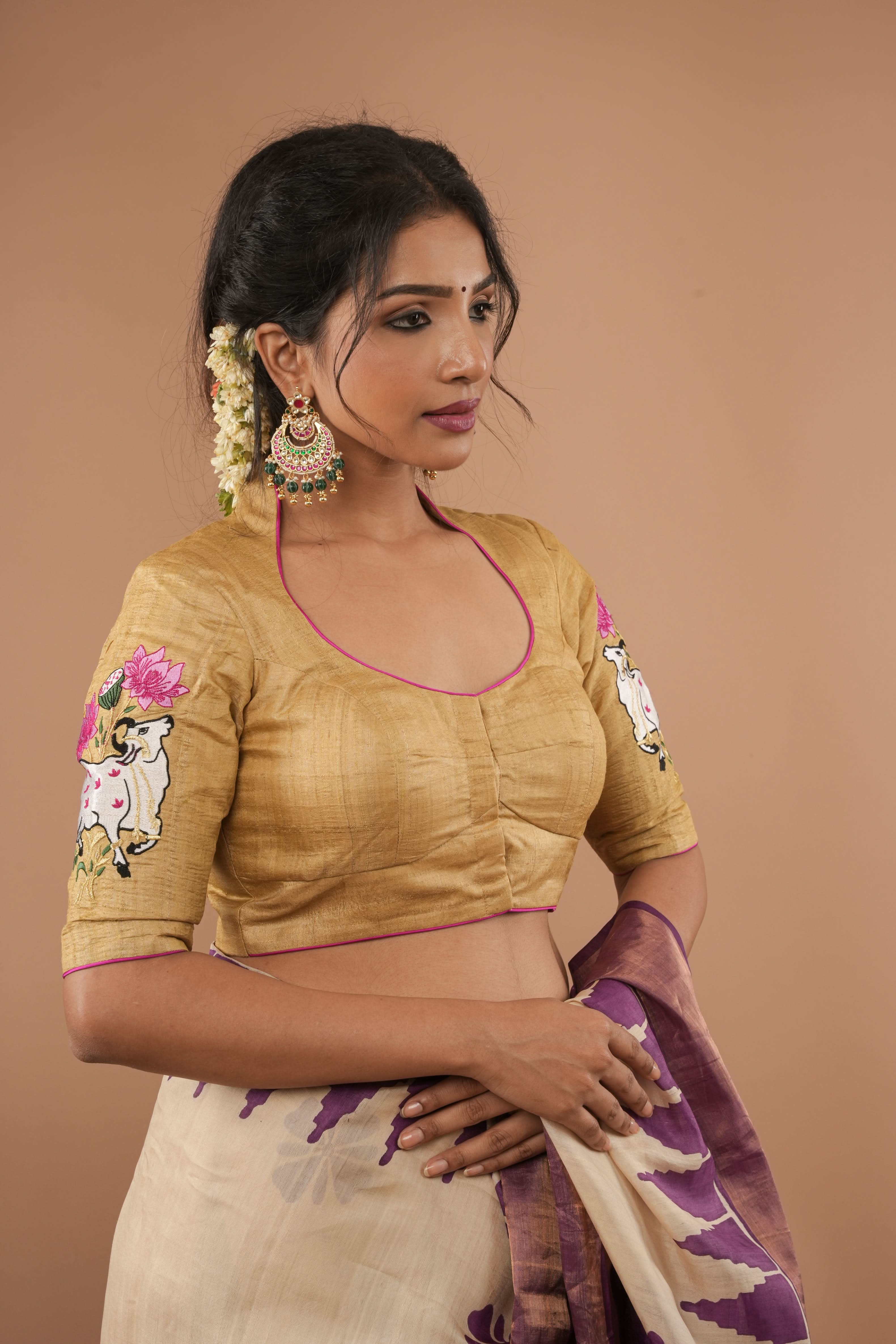 Pure Natural Tussar Blouse with pichwai cow embroidery on back and sleeves | Made to Order | Shobitam