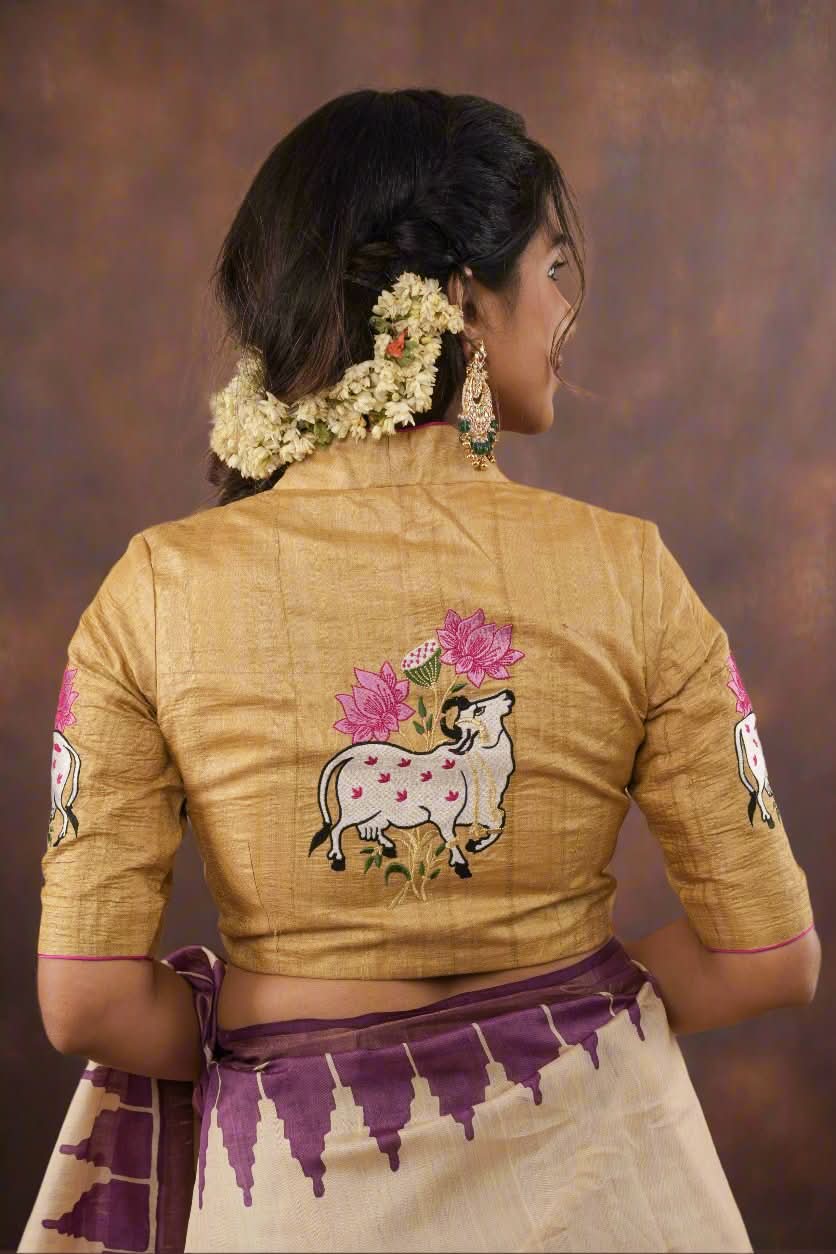 Pure Natural Tussar Blouse with pichwai cow embroidery on back and sleeves | Made to Order | Shobitam