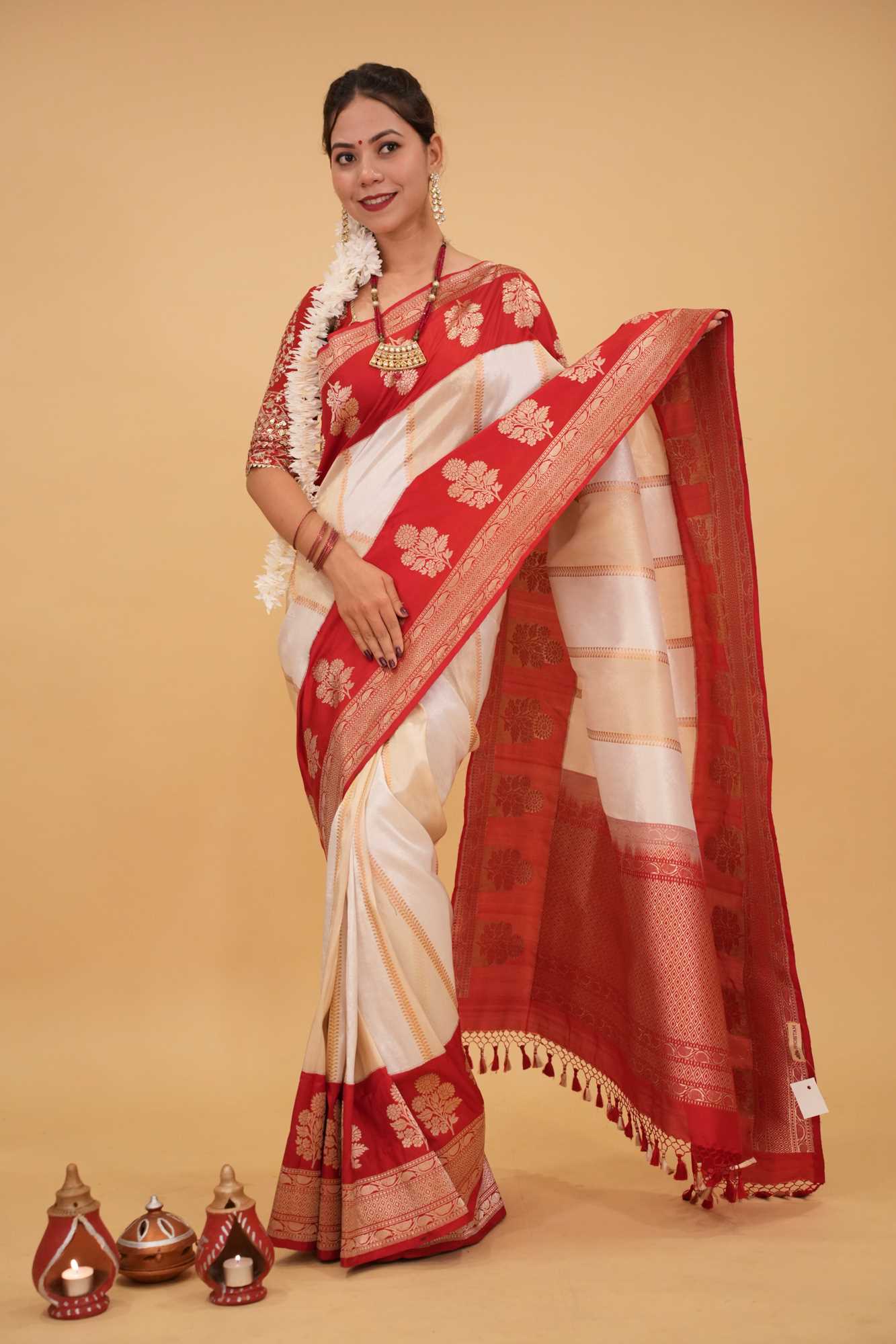 Ready To Wear Saree Unique Design White Dual tone Jharoka Pattern Pure Katan Silk saree with Contrast Zari borders | SILK MARK CERTIFIED