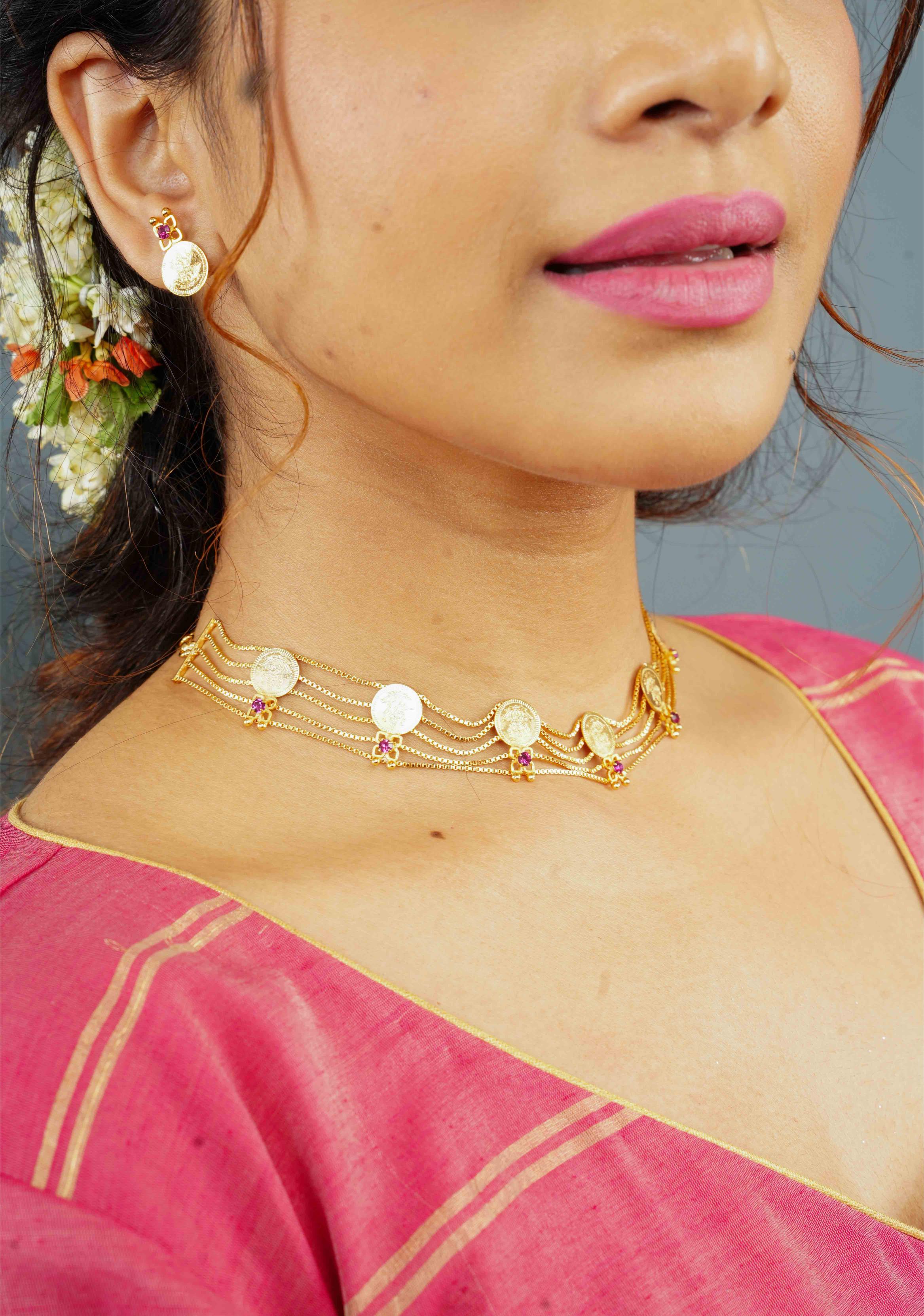 Gold tone Lakshmi Coin Layer Necklace with Earrings | Shobitam
