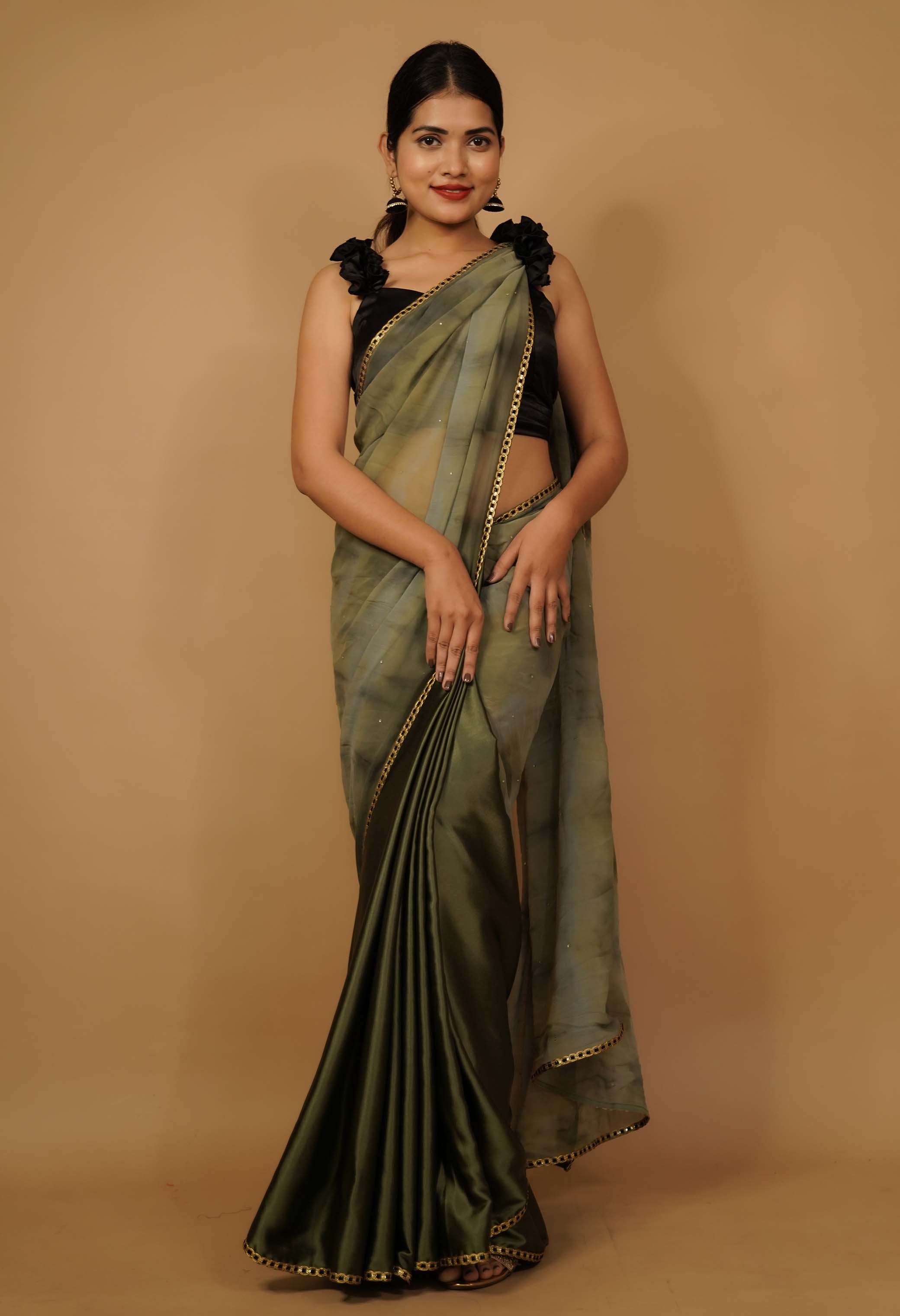 Ready to wear saree handcrafted exclusive Green Tie & dye Georgette and Satin With Stylish Lace & Stone Embedded  Wrap in 1 minute saree