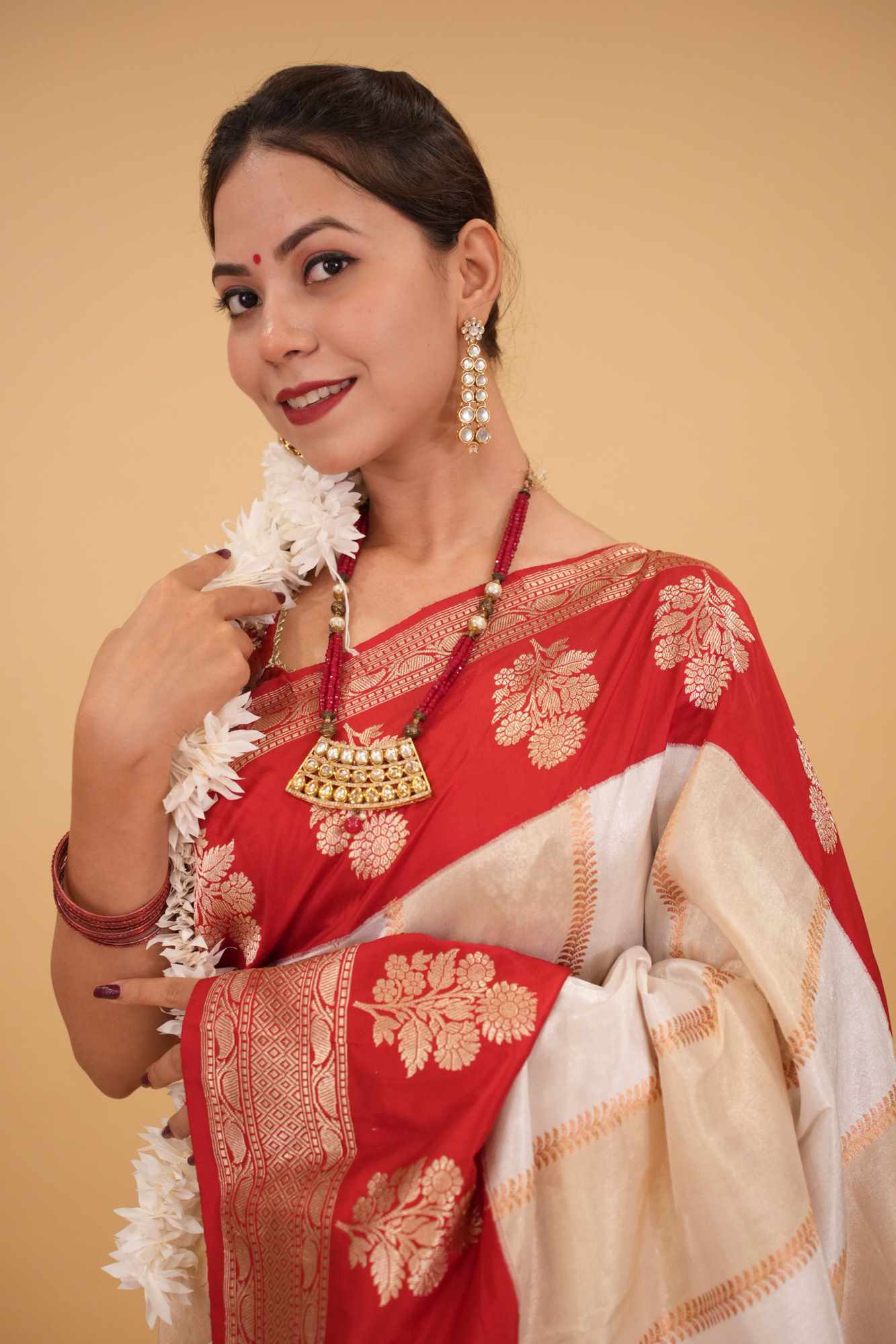 Ready To Wear Saree Unique Design White Dual tone Jharoka Pattern Pure Katan Silk saree with Contrast Zari borders | SILK MARK CERTIFIED