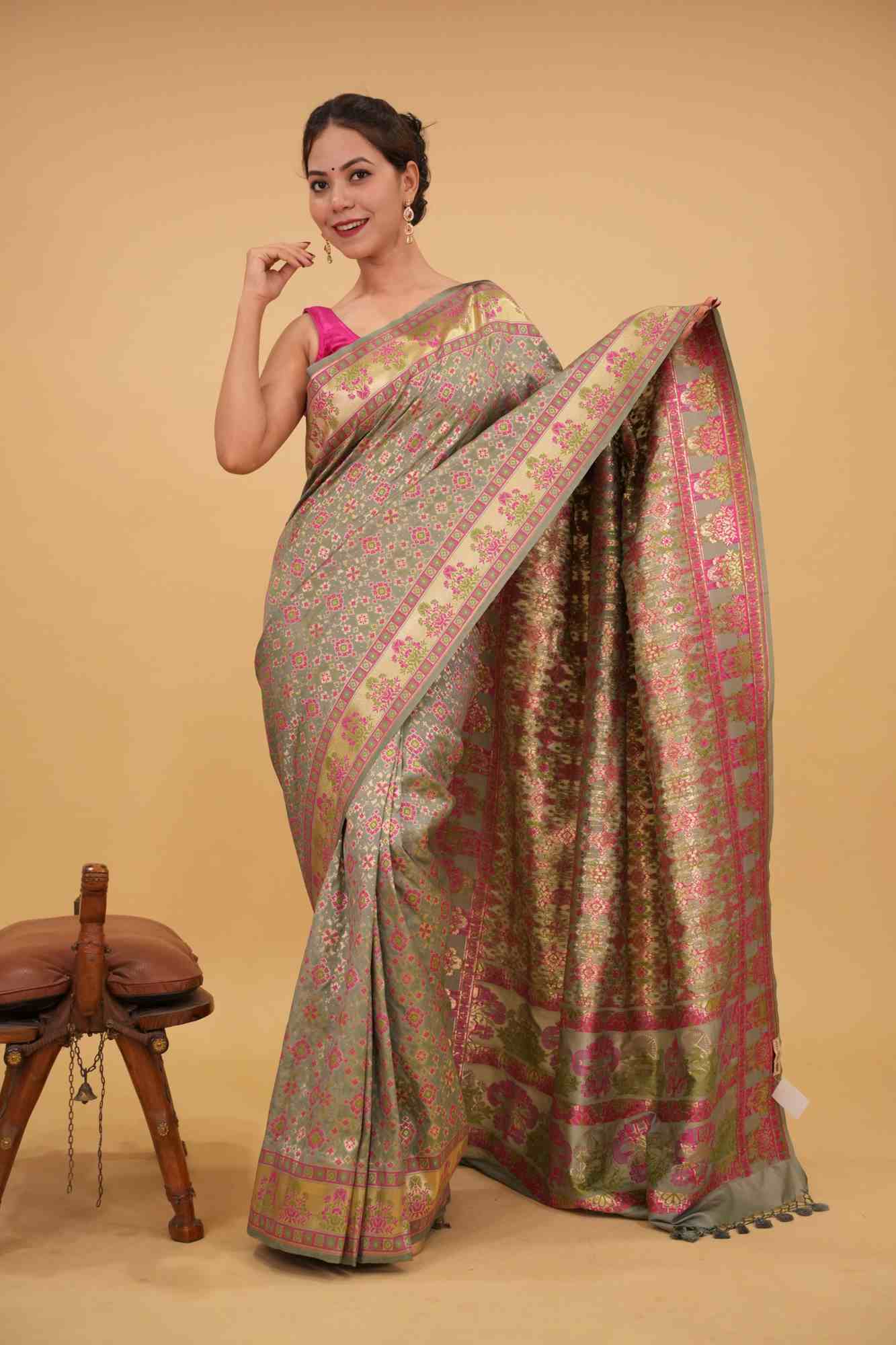 Ready To Wear Patola Ikkat Meenakari Zari Border and Pallu Prestitched Saree