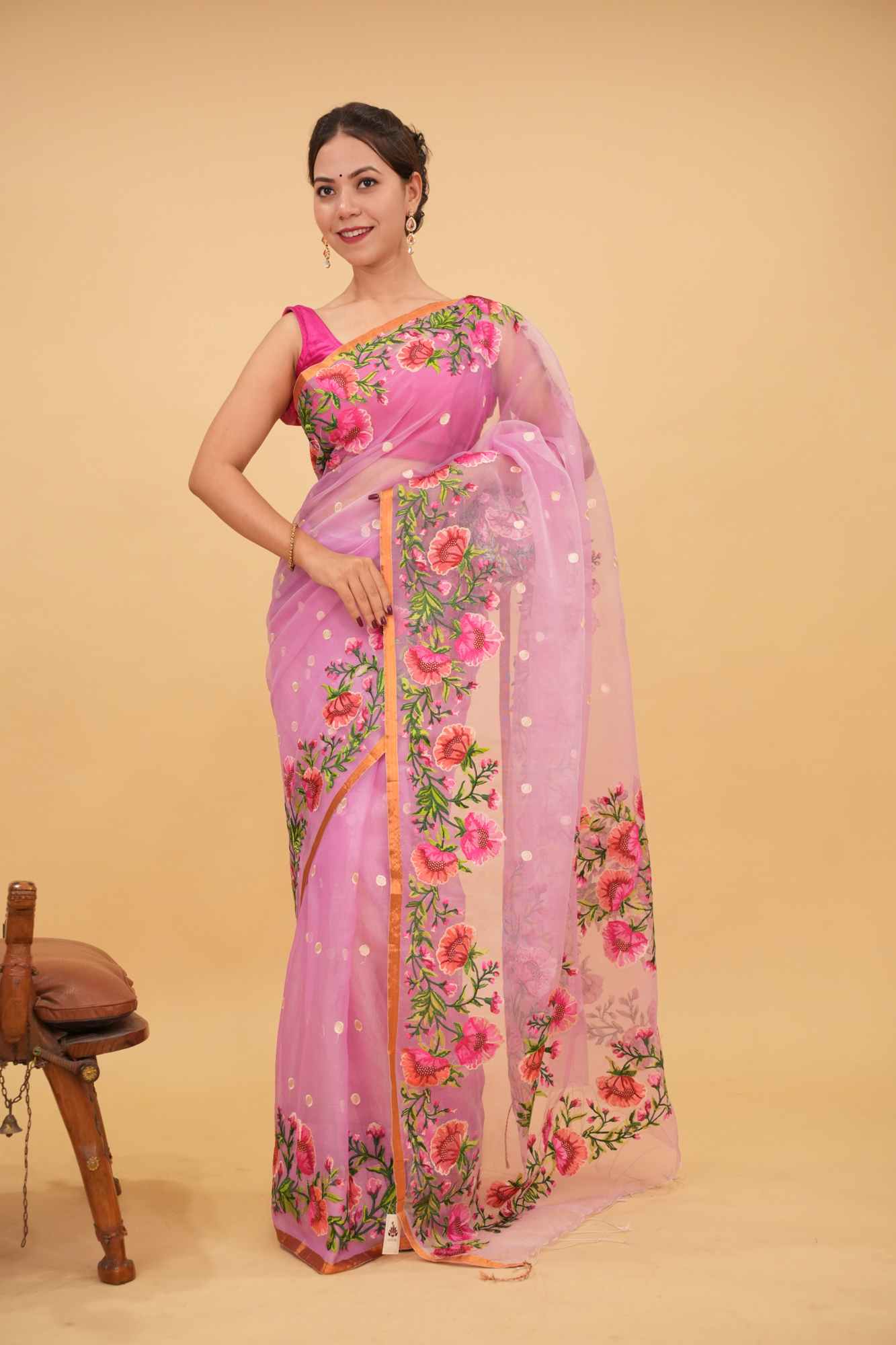 Pre Drape Pink Organza Saree with Polka butta and Floral Embroidery and Copper Zari Minimal Border