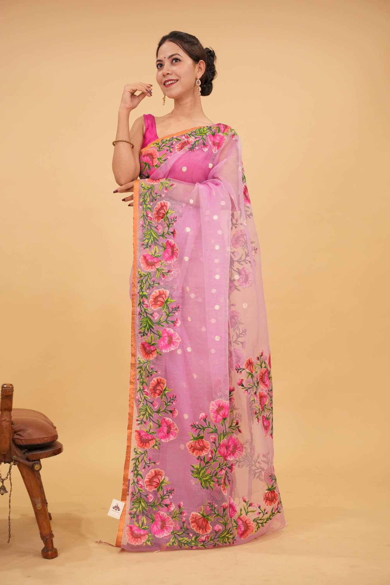 Pre Drape Pink Organza Saree with Polka butta and Floral Embroidery and Copper Zari Minimal Border