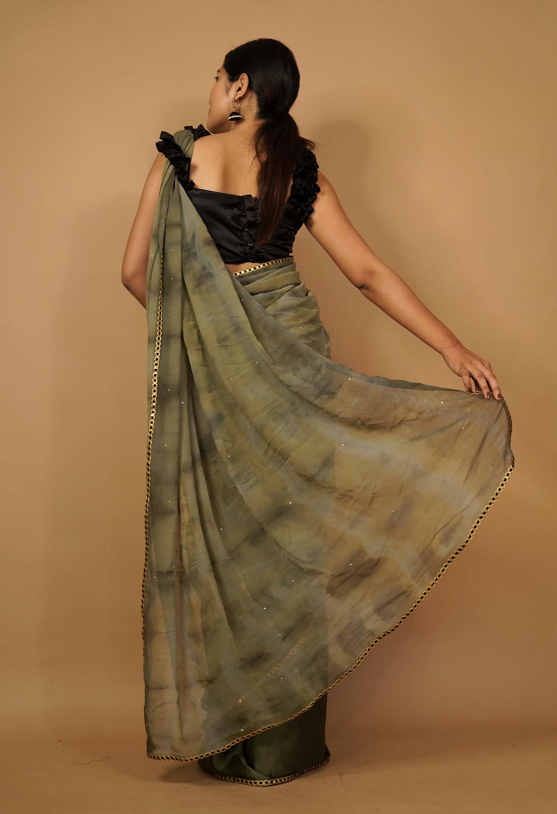 Ready to wear saree handcrafted exclusive Green Tie & dye Georgette and Satin With Stylish Lace & Stone Embedded  Wrap in 1 minute saree
