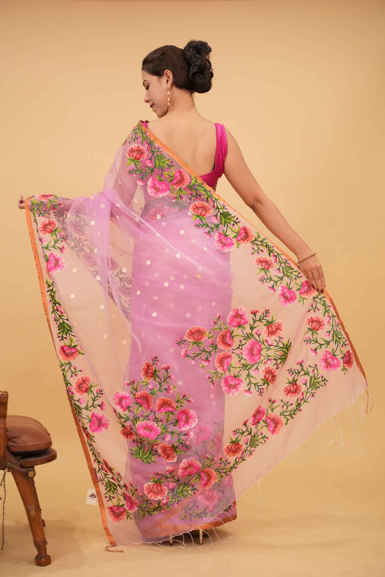 Pre Drape Pink Organza Saree with Polka butta and Floral Embroidery and Copper Zari Minimal Border