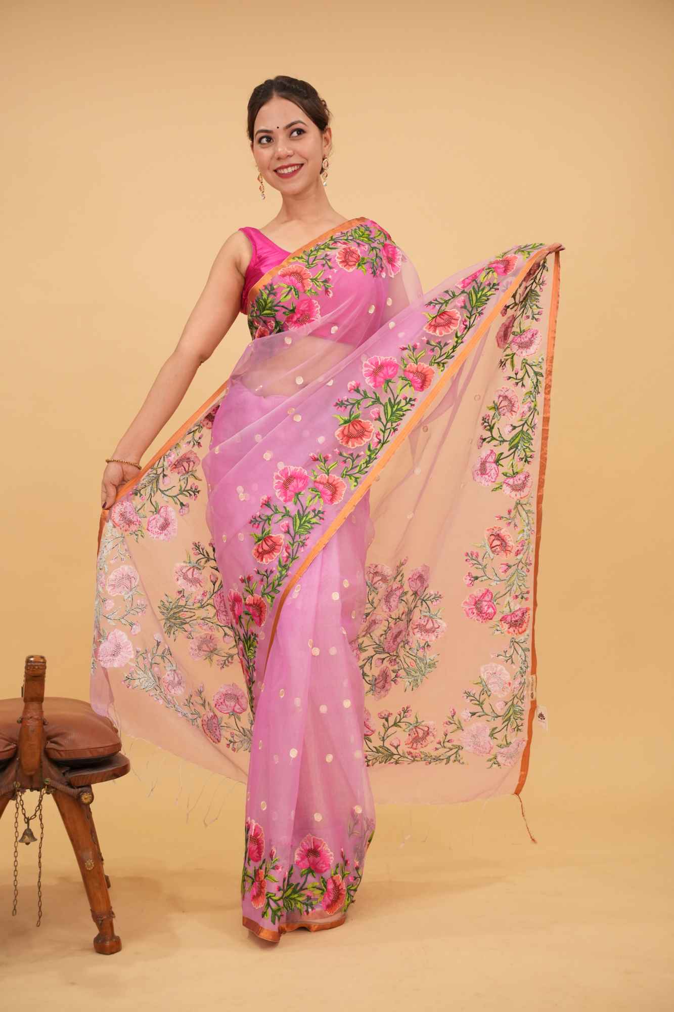 Pre Drape Pink Organza Saree with Polka butta and Floral Embroidery and Copper Zari Minimal Border