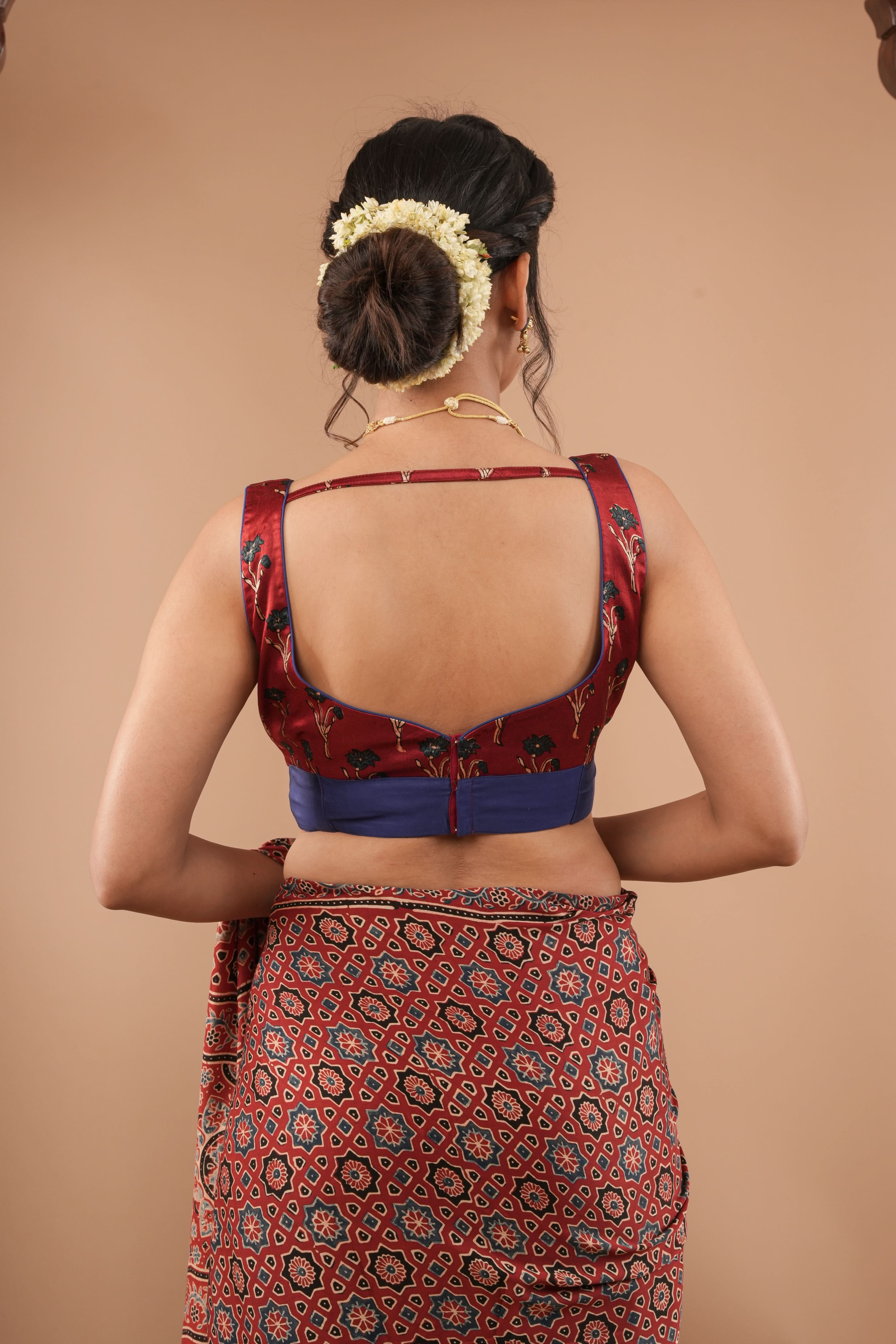 Red Ajrakh modal silk plunge neck and sleeveless blouse | Made to Order | Shobitam