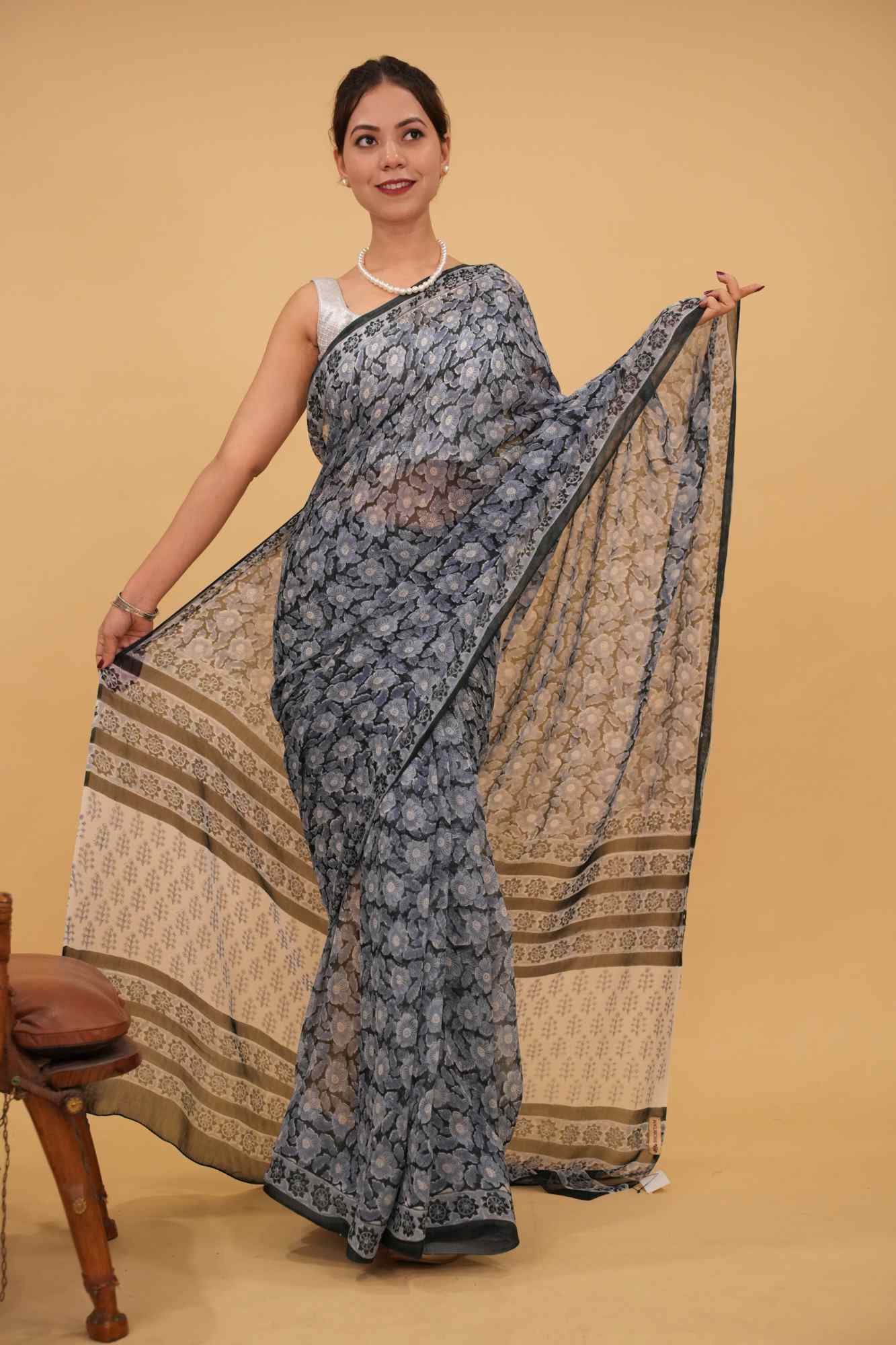 Ready To Wear Gray  Sanganeri hand Blockprint Floral Saree in Georgette