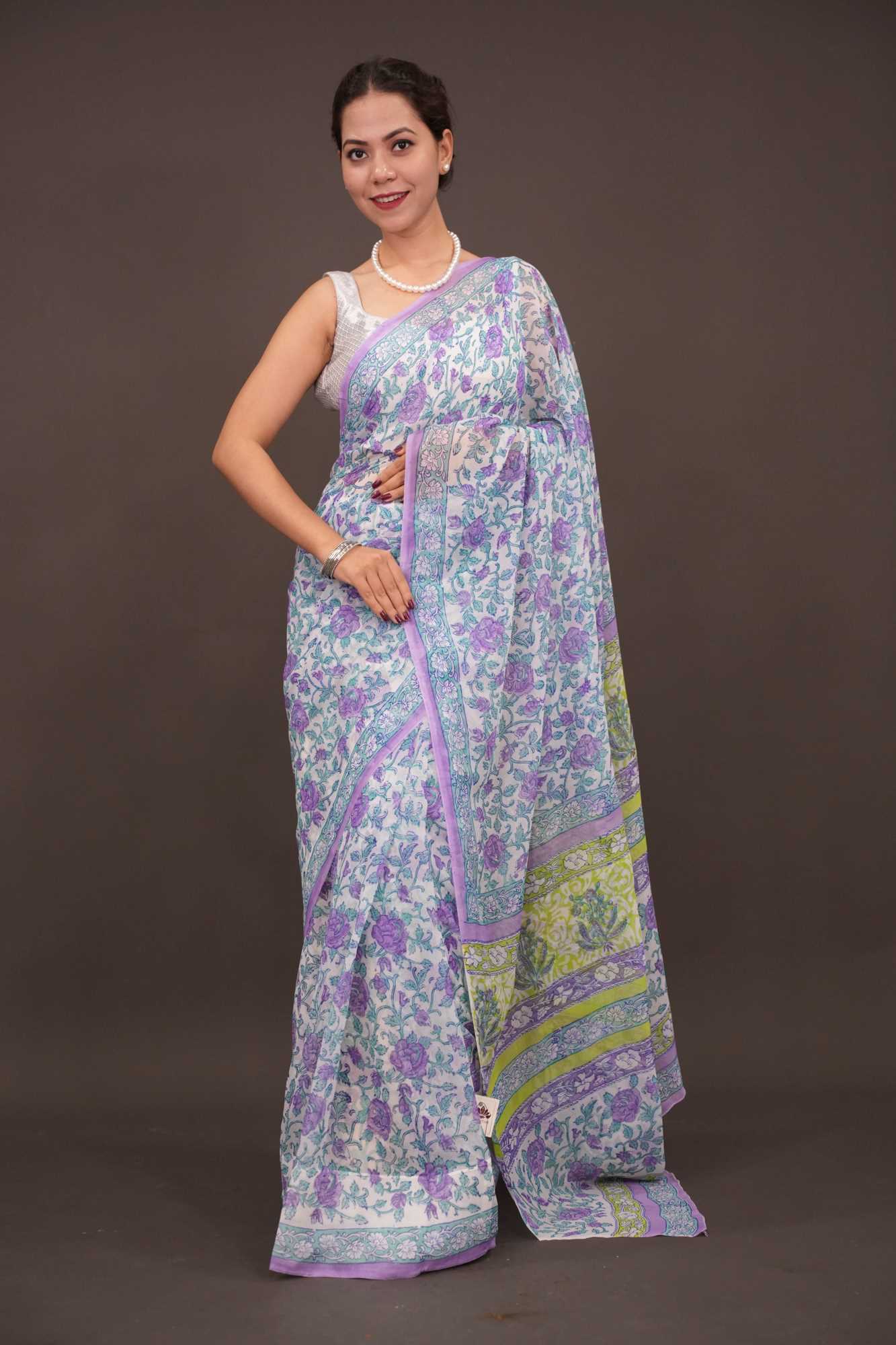 Ready To Wear Lavender Florals on White Georgette Saree with Sanganeri Hand Blockprint