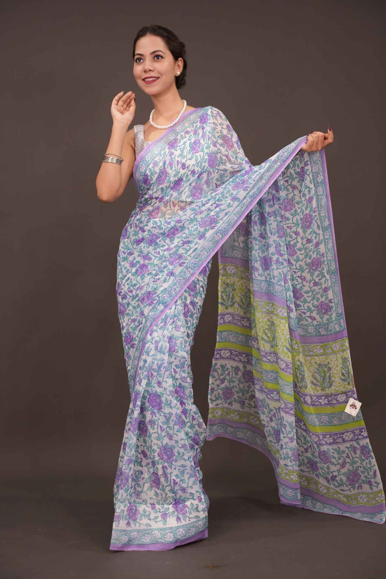 Ready To Wear Lavender Florals on White Georgette Saree with Sanganeri Hand Blockprint