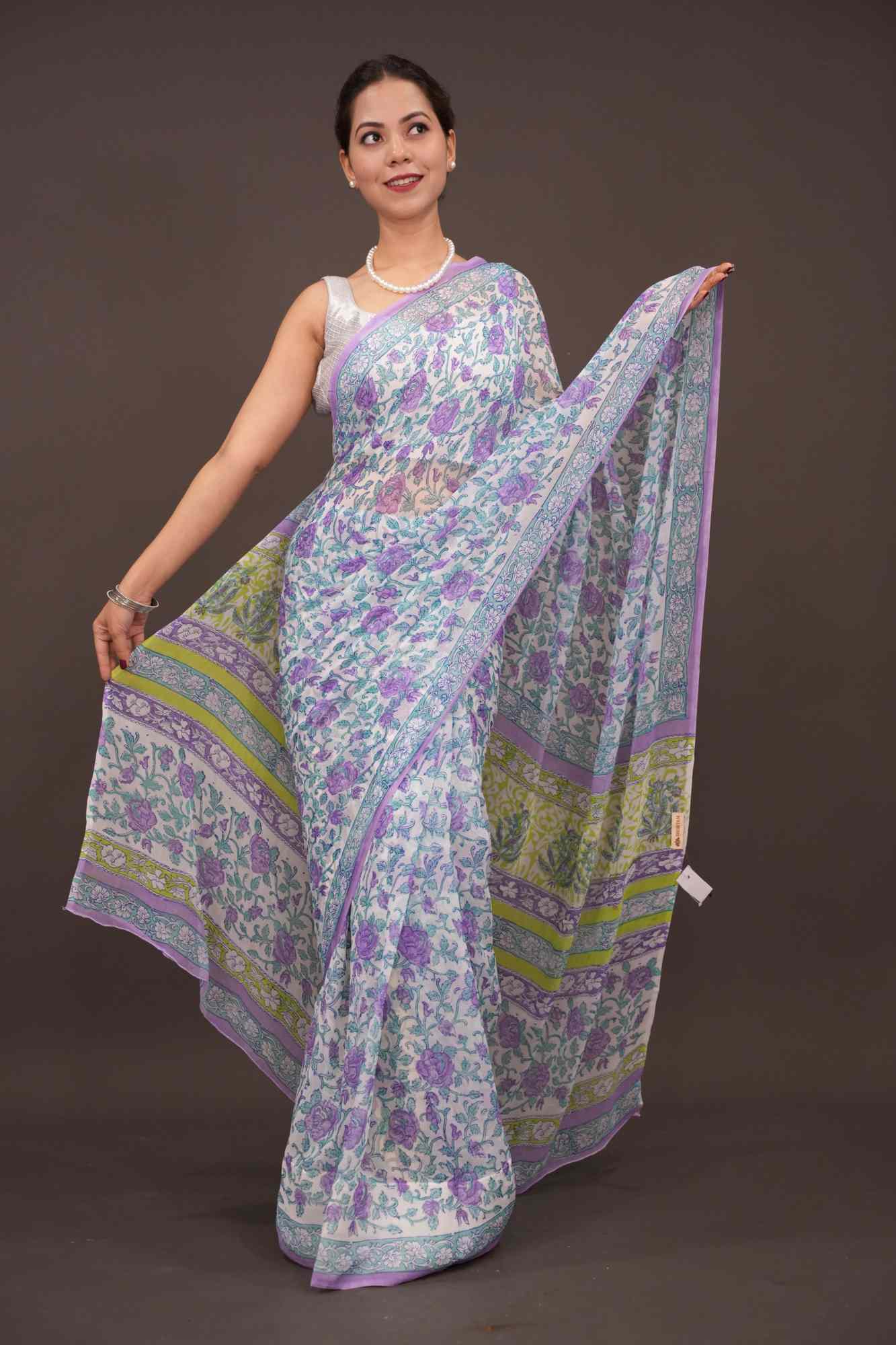 Ready To Wear Lavender Florals on White Georgette Saree with Sanganeri Hand Blockprint