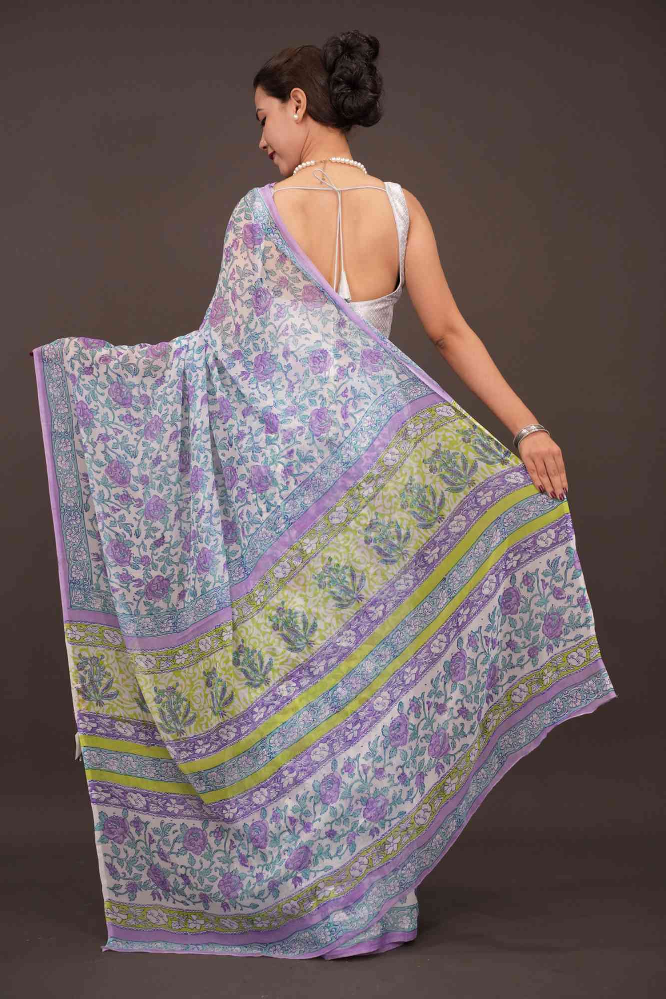 Ready To Wear Lavender Florals on White Georgette Saree with Sanganeri Hand Blockprint