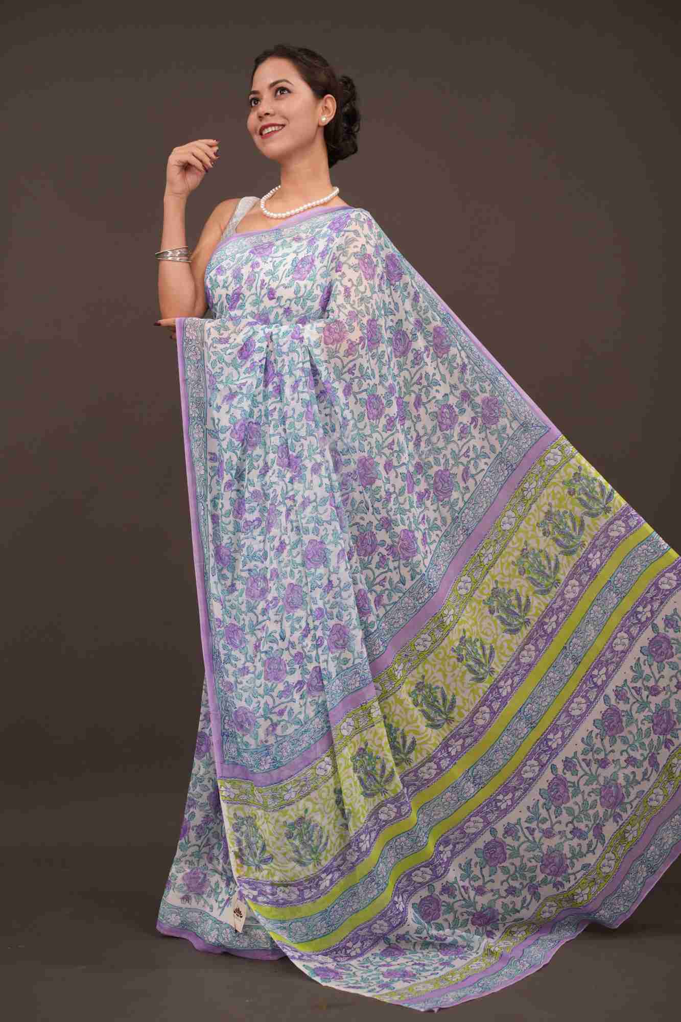 Ready To Wear Lavender Florals on White Georgette Saree with Sanganeri Hand Blockprint