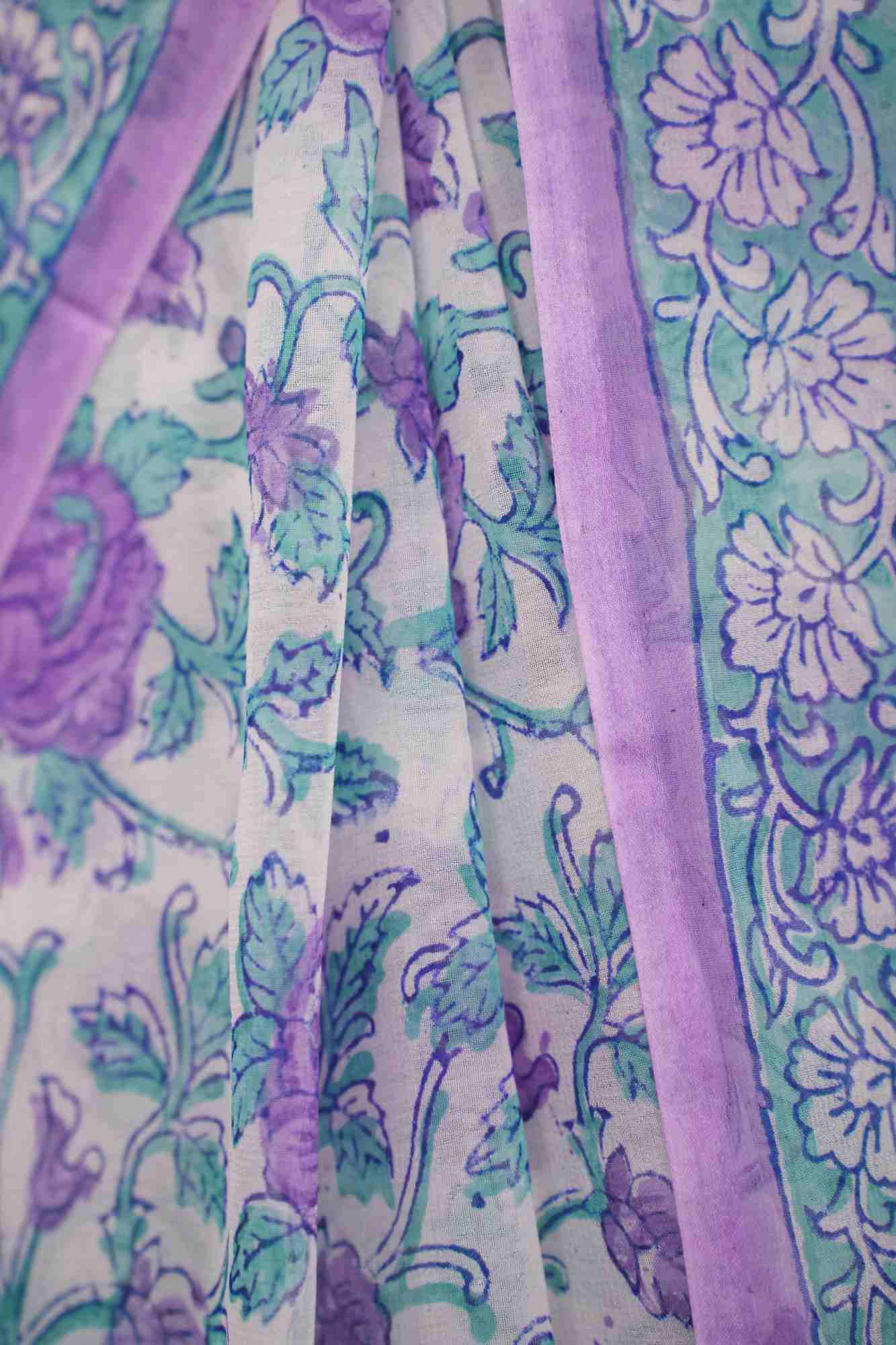 Ready To Wear Lavender Florals on White Georgette Saree with Sanganeri Hand Blockprint