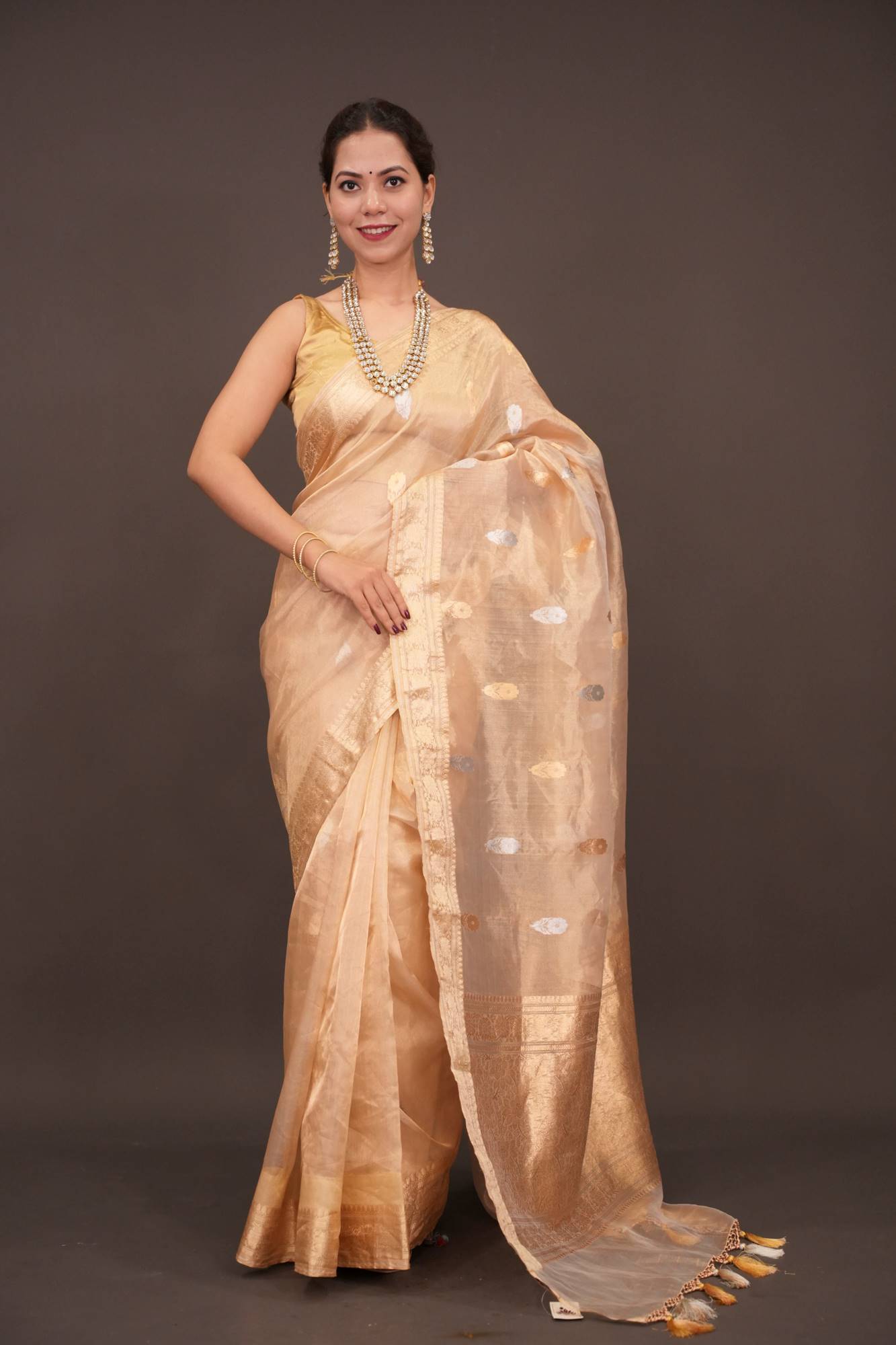 Ready To Wear Saree Stunning Golden Tissue Pure Silk Banarasi Saree with Sona Rupa Damask Motifs and Gold Zari Border | SILK MARK CERTIFIED