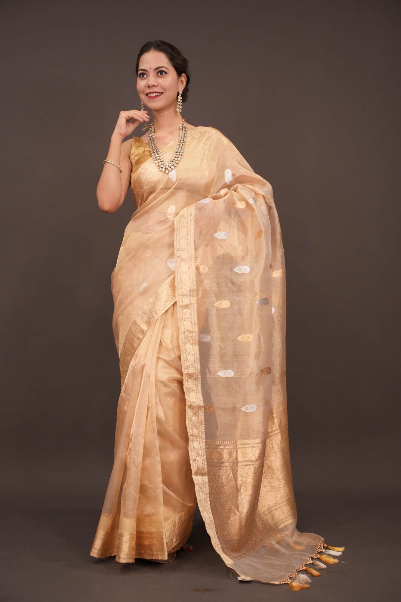 Ready To Wear Saree Stunning Golden Tissue Pure Silk Banarasi Saree with Sona Rupa Damask Motifs and Gold Zari Border | SILK MARK CERTIFIED