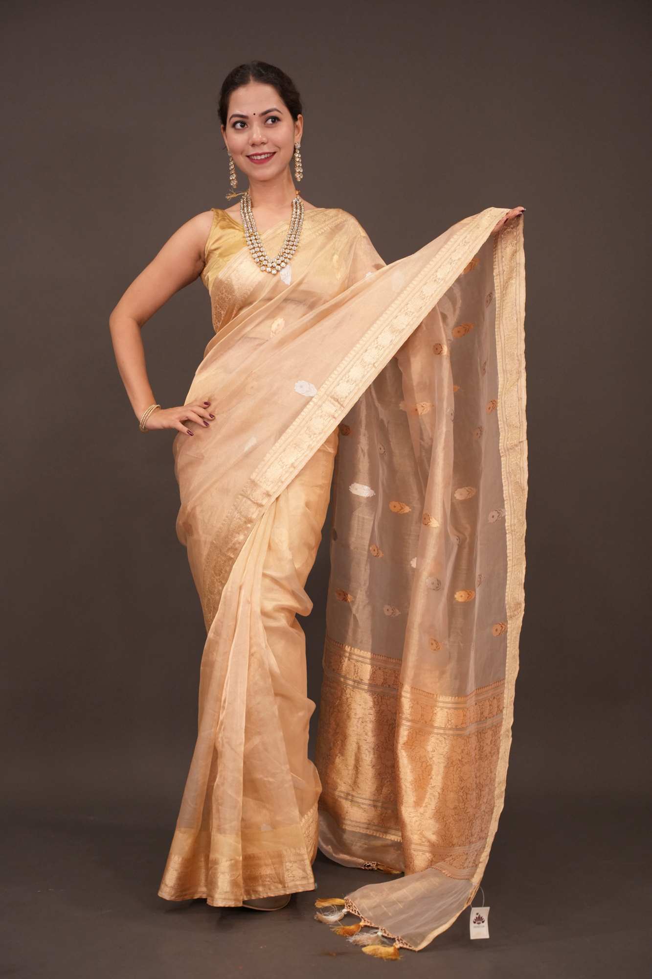 Ready To Wear Saree Stunning Golden Tissue Pure Silk Banarasi Saree with Sona Rupa Damask Motifs and Gold Zari Border | SILK MARK CERTIFIED