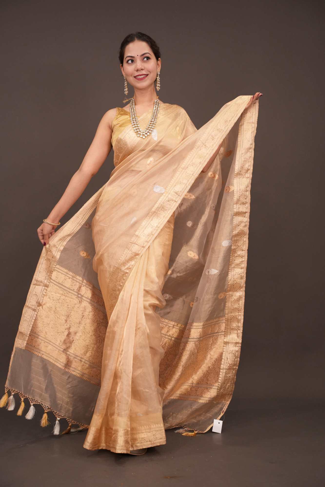 Ready To Wear Saree Stunning Golden Tissue Pure Silk Banarasi Saree with Sona Rupa Damask Motifs and Gold Zari Border | SILK MARK CERTIFIED